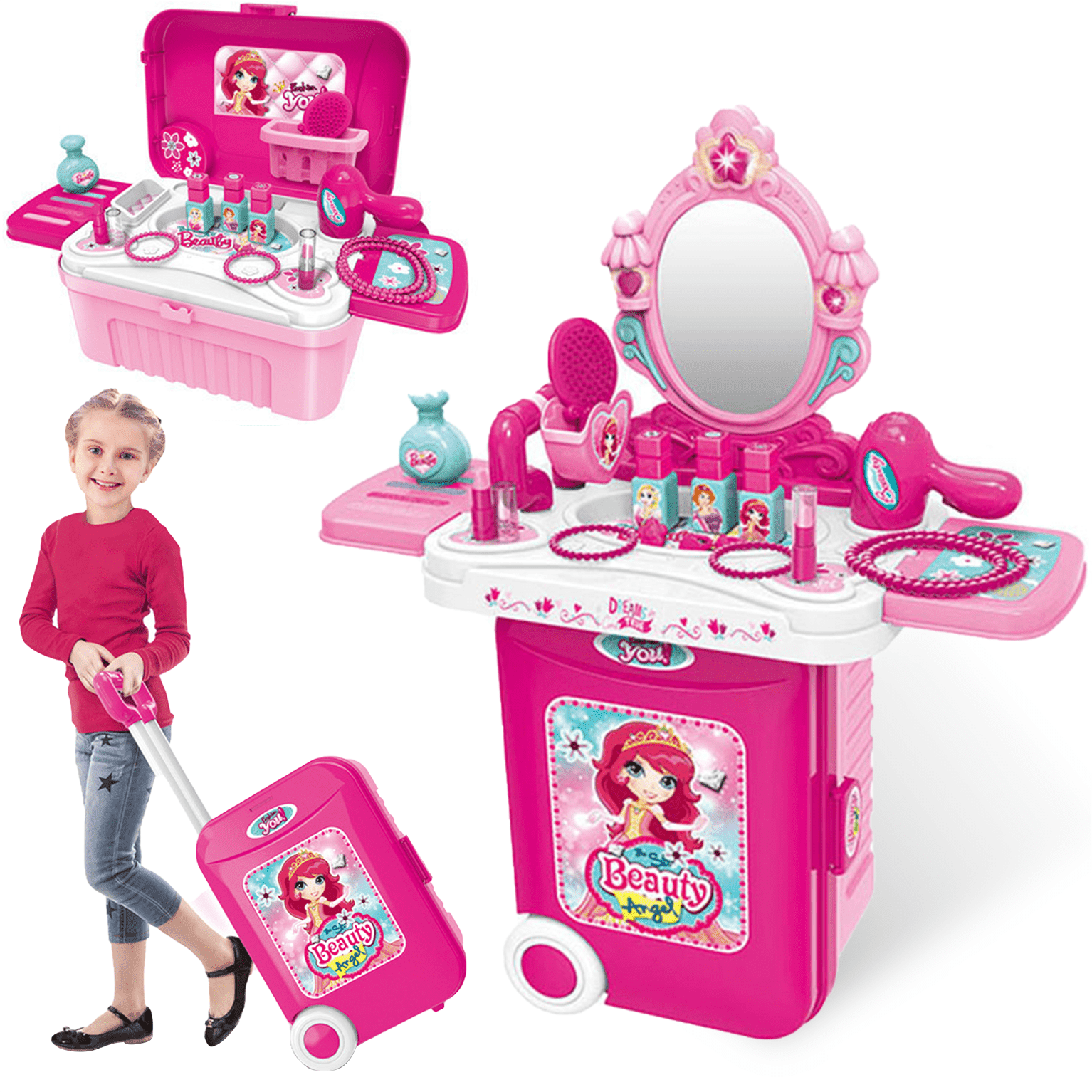 Pretend Makeup Play for Toddlers, Kids Vanity for Girls, Little People Princess Beauty Mirror and Accessories Play Set for Girls Fashion Beauty Set, Christmas Birthday Toys Gifts for Girls Mgaxyff