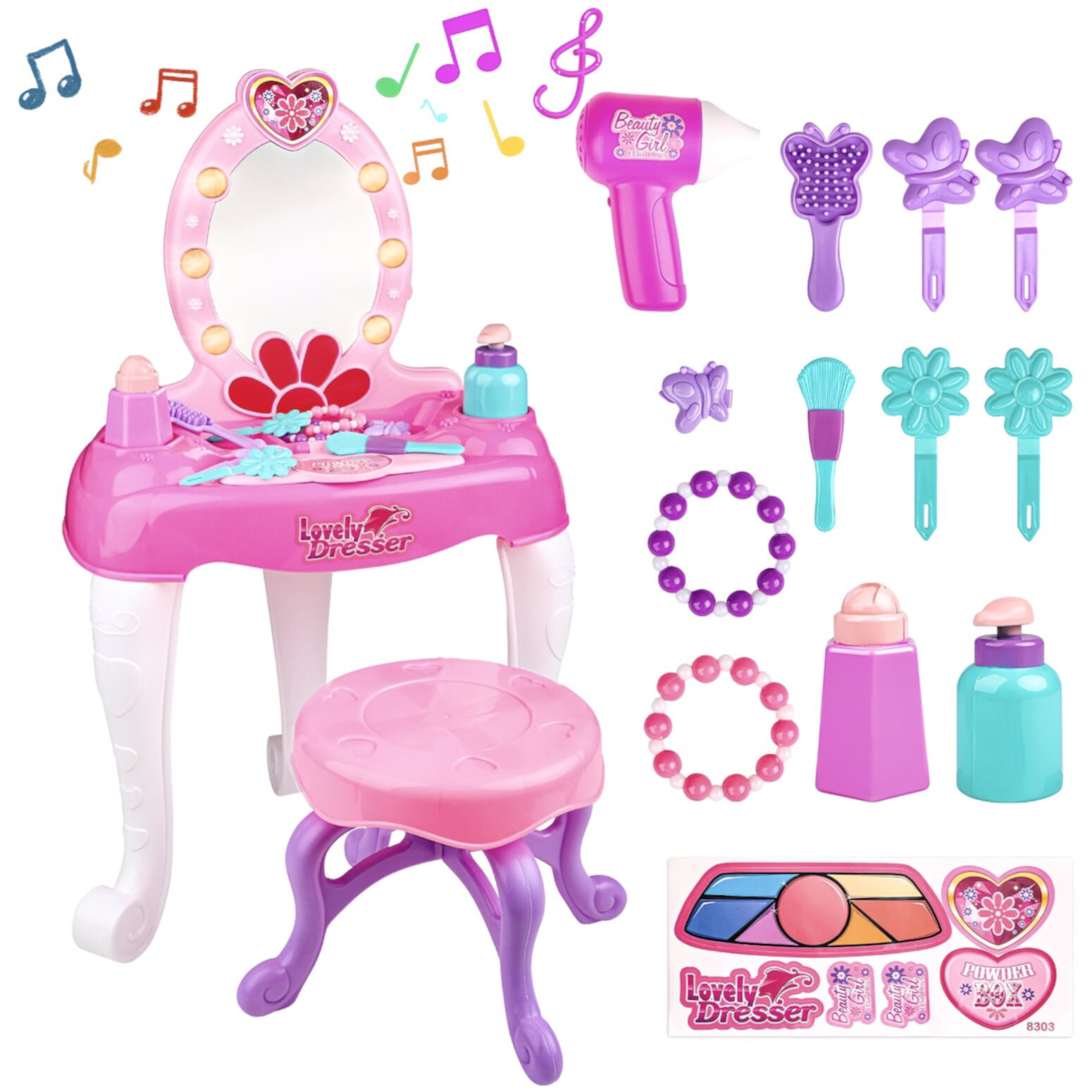 Hot Bee Girls Pretend Play Makeup Toddler Vanity Set, 19 PCS Pink Kids Makeup Table Toy with Mirror&Music, Birthday Christmas Gifts for Little Girls Toys Ages 3-6 Years Old Hot Bee