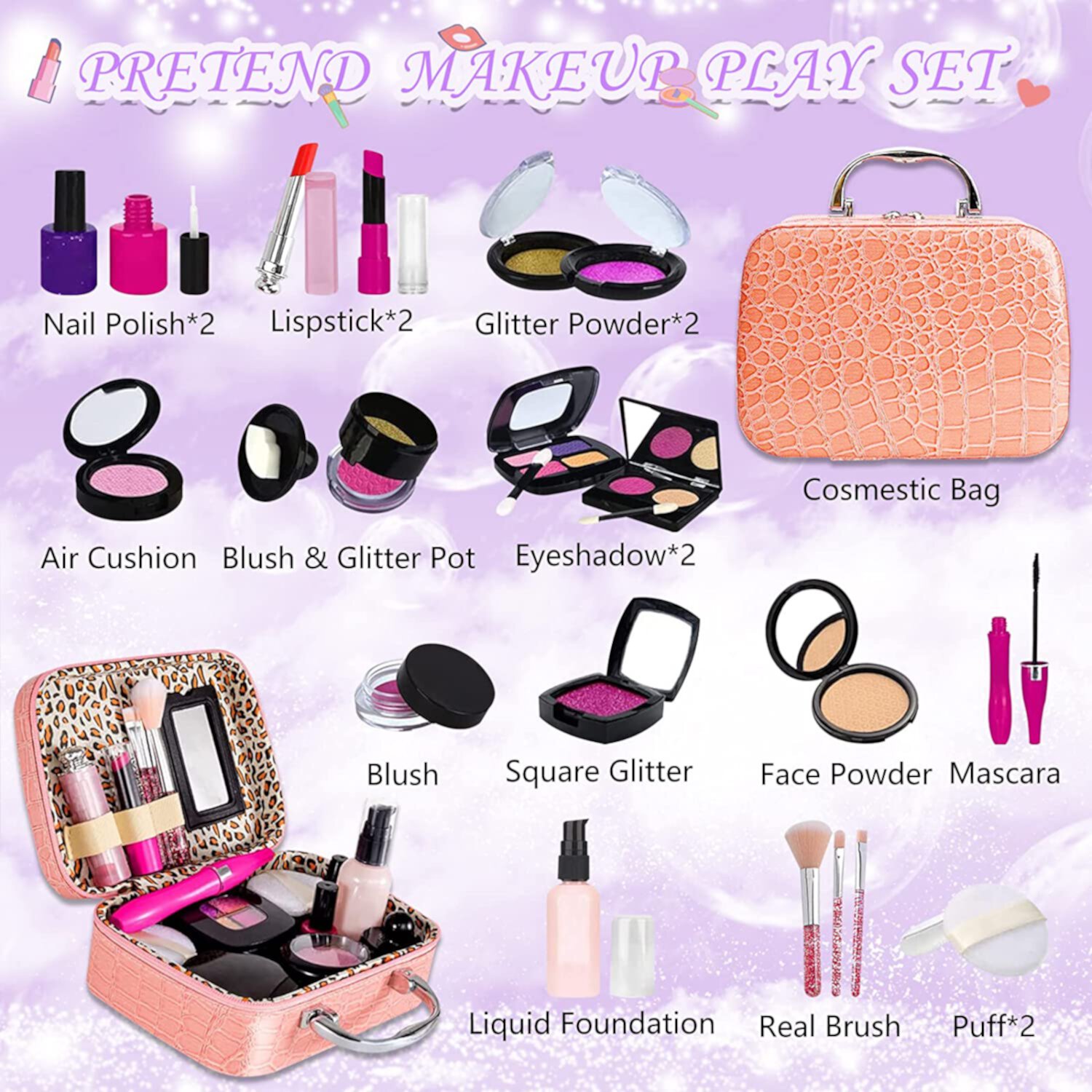 Rirool Pretend Makeup Kit for Girls - Kids Play Set with Cosmetic Bag - Ideal Gift for Toddlers & Little Girls Age 3+ (Not Real Makeup) Rirool