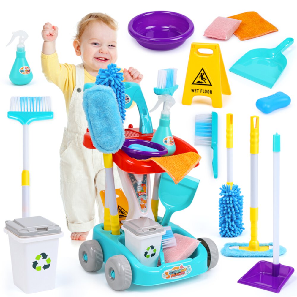 JoyStone Kids Cleaning Set Toys, 22PCS Pretend Play Housekeeping Supplies Kit Complete Includes Sweeping Broom, Mop, Duster, Dustpan, Brush, Rag, Housekeeping Cart Toys Gift for Kids JoyStone