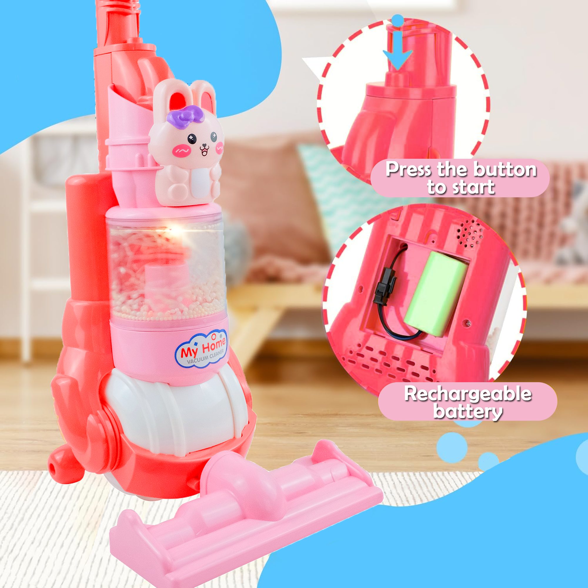 Richgv Vacuum Cleaner Toy for Kids, Pretend Play Toy Vacuum Cleaner with Light Sounds, House Cleaning Toys for 3 Year Girls Boys Richgv