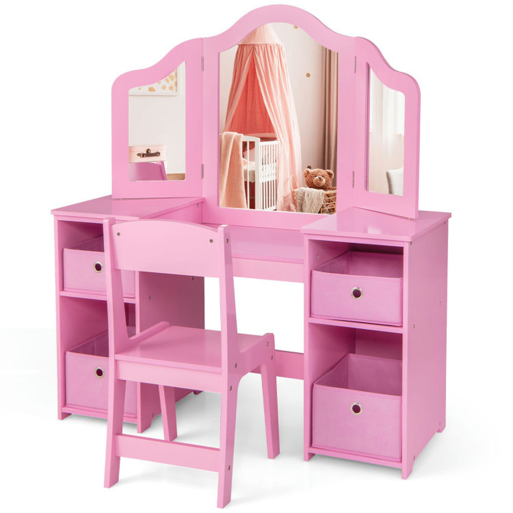 Barara King Kids Vanity Set,Makeup Table Chair Set,Kids Vanity Table and Chair Set with Removable Mirrors and 4 Storage Bins-Pink Barara King