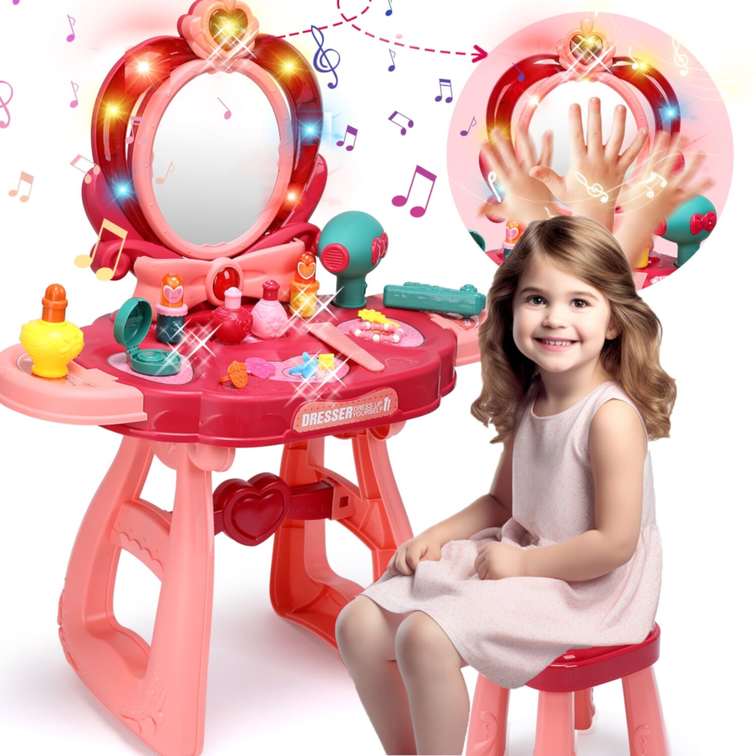 JoyStone Toddler Vanity Set, Pretend Princess Girls Vanity Table with Mirror, Cosmetics and Hair Dryer, Kids Vanity Table and Chair Set for 2 3 4 5 Year Old Girls (Pink） JoyStone