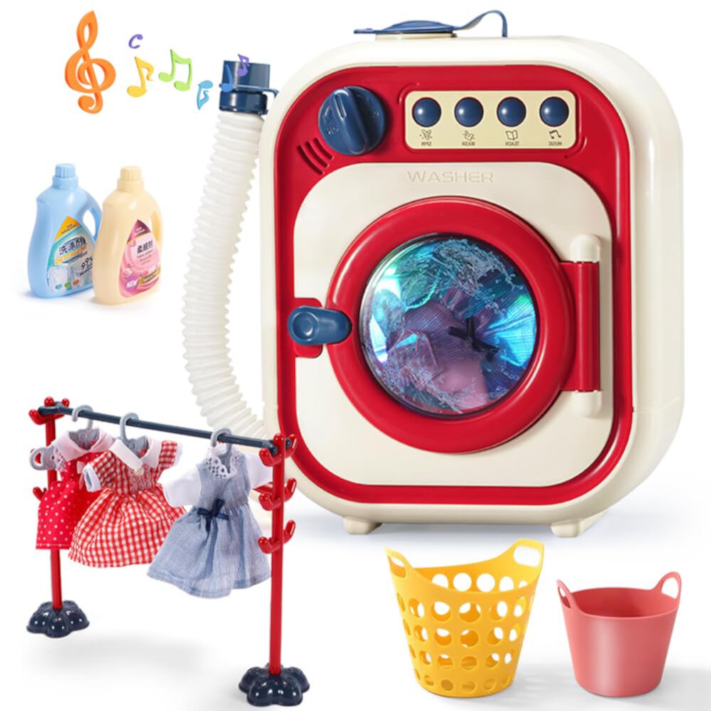 Electric Washing Machine Toy for Kids - Simulation Dollhouse Furniture Set, Play House Toy with Realistic Sounds&Lights Laundry Play Set with Rotatable Roller for Boys and Girls Ages 3+ (Red) Kid Odyssey