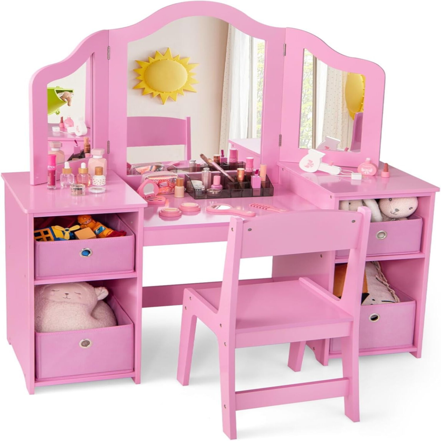 Vanity   Princess Dressing  with Tri-Folding Mirror  Open  Shelves &amp; 4 Boxes  Toddler Wooden   &amp; Chair Set  Pretend Play Vanity Set for Girls () En