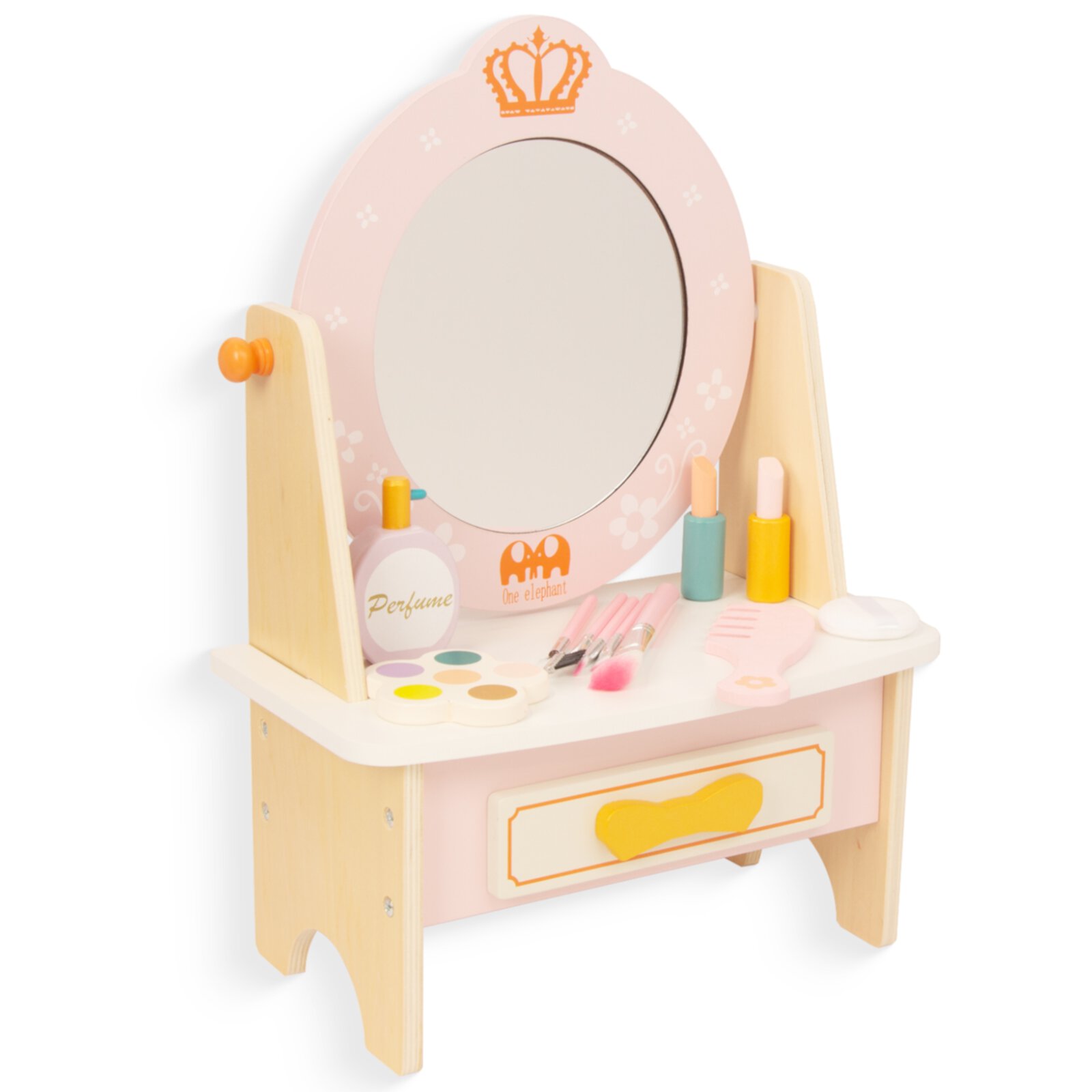 WoodenEdu Wooden Vanity Set for Kids, Pretend Play Toddler Makeup Vanity Table Toys with 360° Rotatable Mirror, Beauty Salon Set Includes Makeup Accessories, Little Girls Gift Age 3+ WoodenEdu