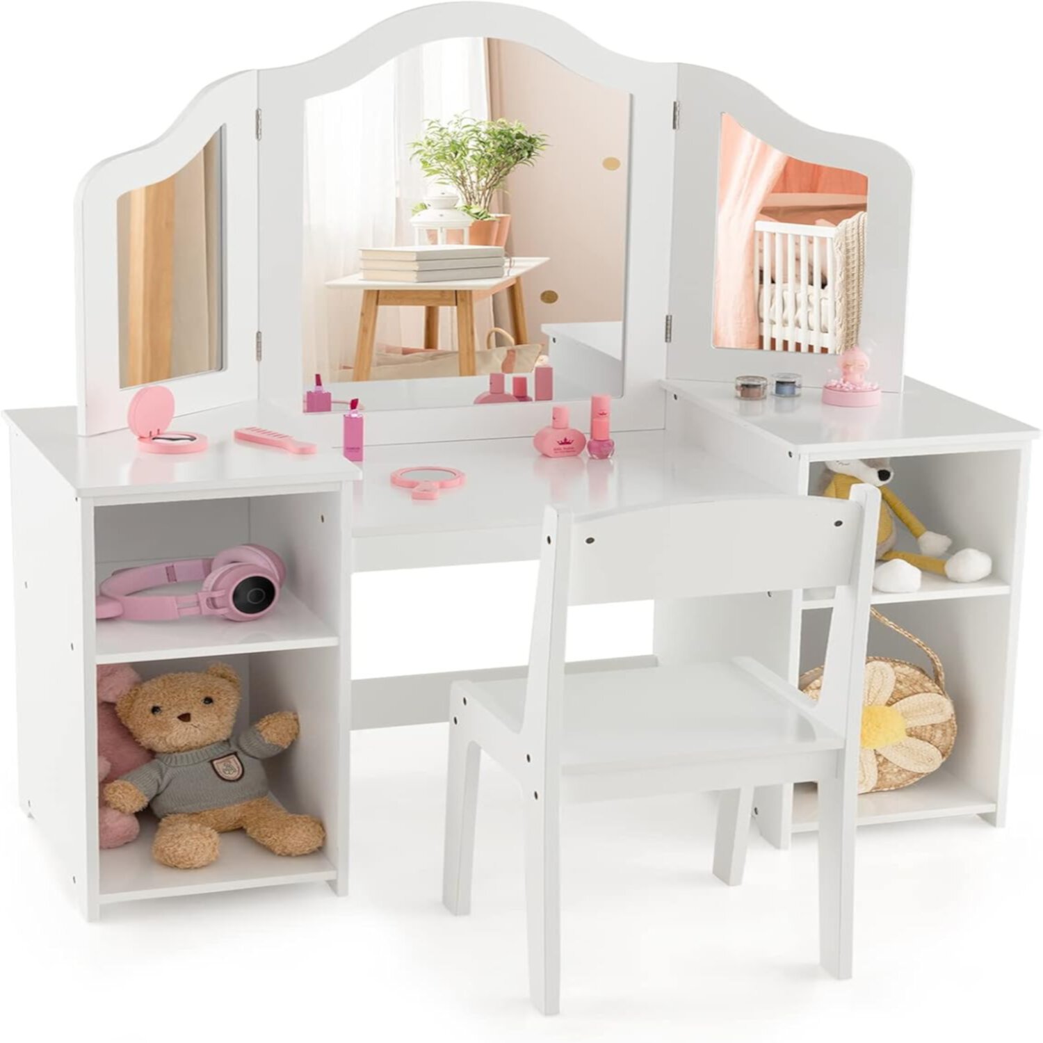 Vanity   Princess Dressing  with Tri-Folding Mirror  Open  Shelves &amp; 4 Boxes  Toddler Wooden   &amp; Chair Set  Pretend Play Vanity Set for Girls () En