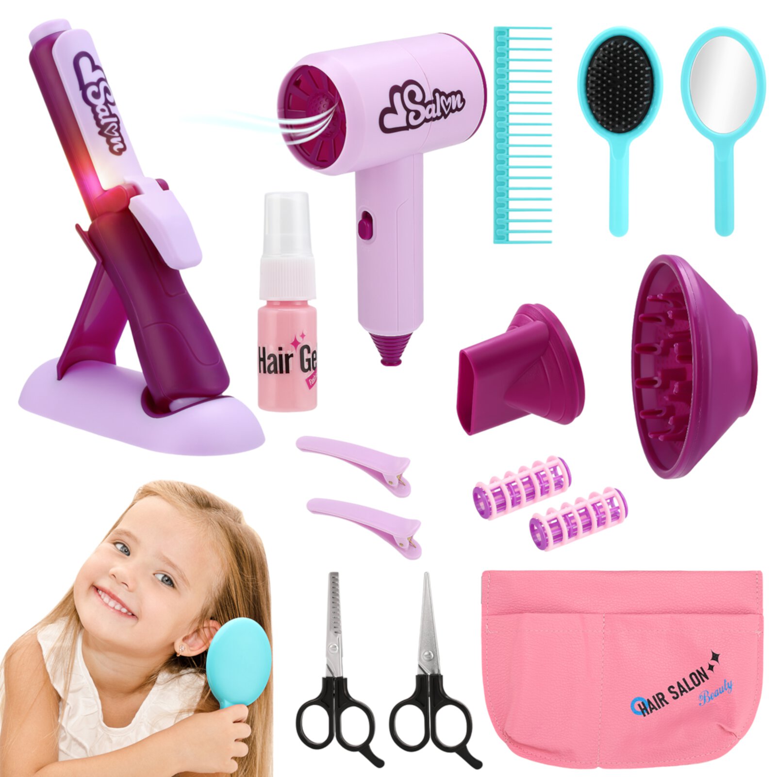 sixwipe Hair Salon Toys for Girls, Pretend Hair Salon Toys, Beauty Salon Playset Hair Styling Set, Fashion Hair Salon Stylist Toy Kit with Barber Hair Dryer, Mirror, Scissors and Styling Accessories Sixwipe