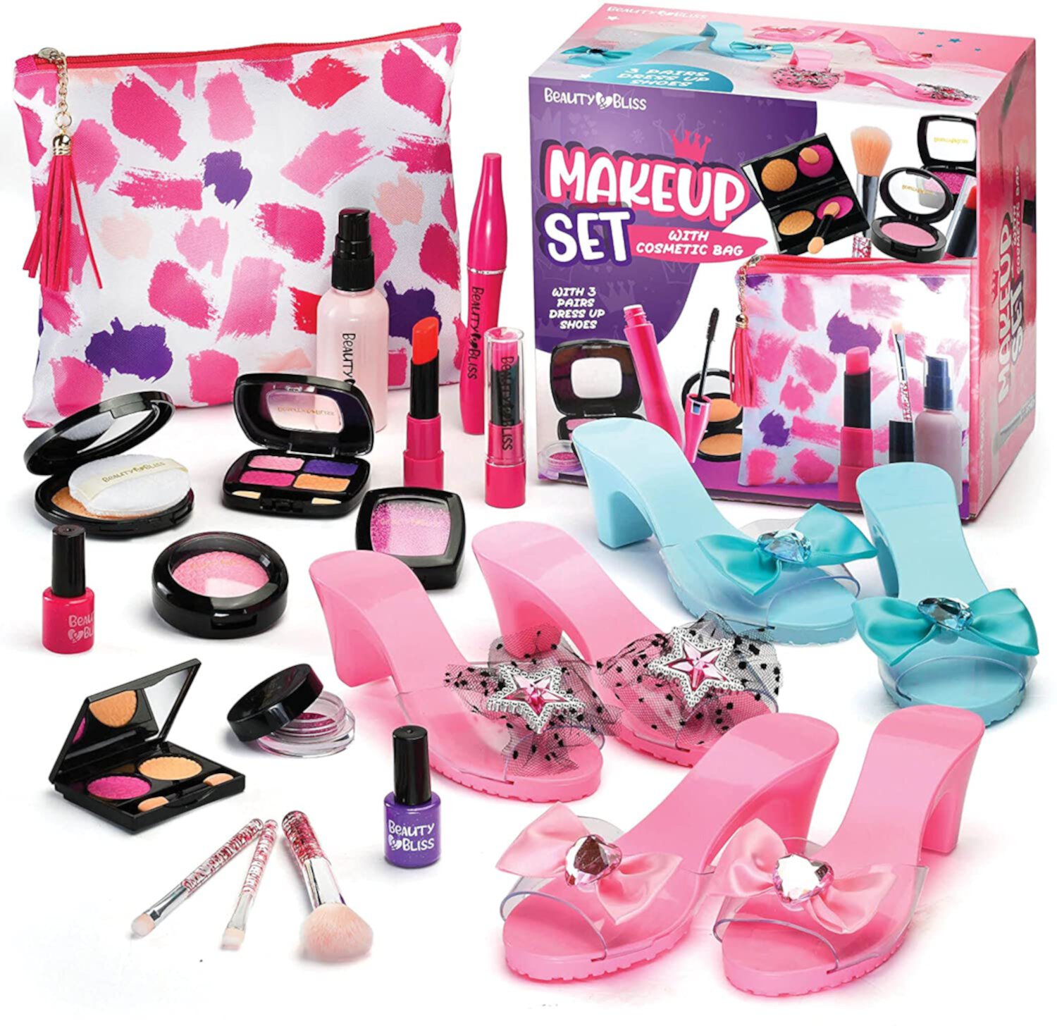 Prextex Pretend Play Makeup Set with Cosmetic Bag and 3 Pairs of Dress-Up Shoes - 16pc Prextex