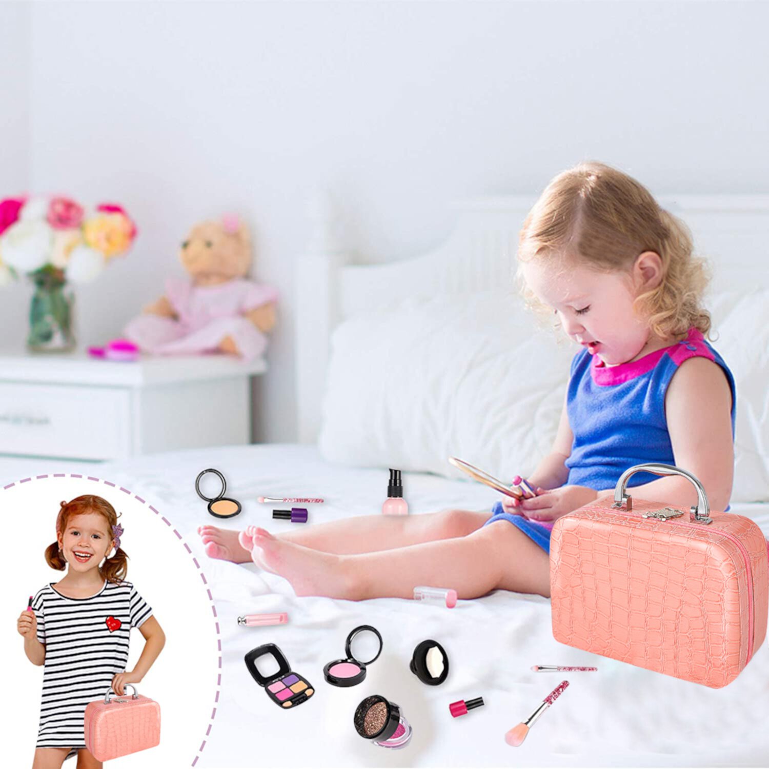 Kids Pretend Makeup Kit with Cosmetic Bag for Girls 3-10 Year Old - Including Pink Brushes,Eye Shadows, Lipstick,Mascare,Gittler Pot, Liquid Foundation,Nail polish bottle and More(Not Real Makeup) TiokMc