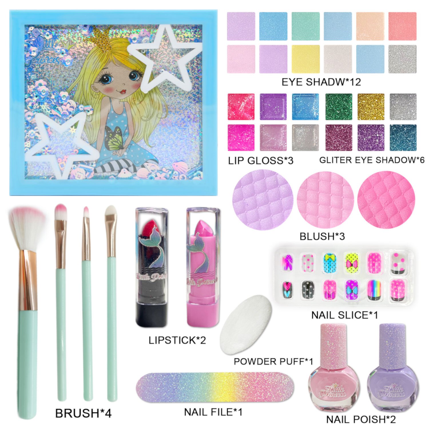 Non Toxic Washable Cosmetic Toy Beauty Set, Real Makeup Kit for Girls, Little Princess Pretend Play Set Christmas Birthday Gift for 5+Years Old Kids, Blue Rirool