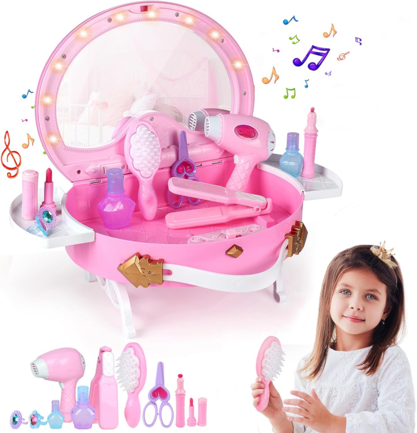 Style-Carry Kids Vanity sets for Girls, Kids Makeup Set for Little Girls, Play Makeup Toy for Girls Age 2 3 4 5 6 7, Princess Toys with Lightsa and Music, Portable Play Makeup Kit Style-Carry