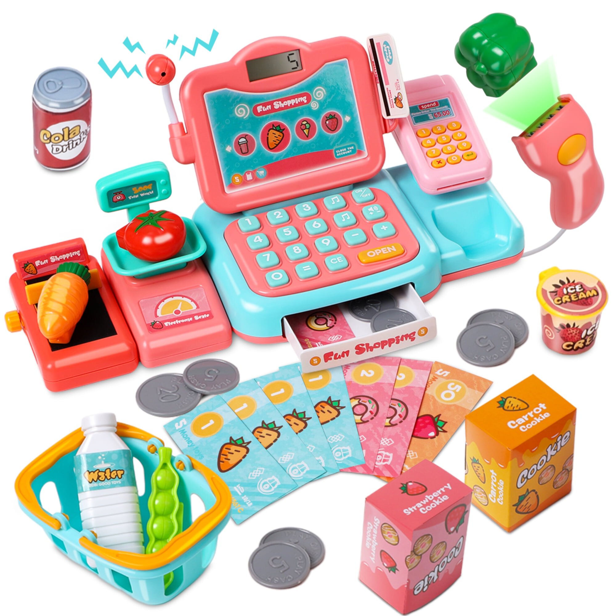 Wisairt Cash Register for Kids, Toy Cash Register with Scanner Voice Recognition Payment Function, Play Cash Register, Count Learning Toys, 24Pcs Mini Playset (Pink) Wisairt