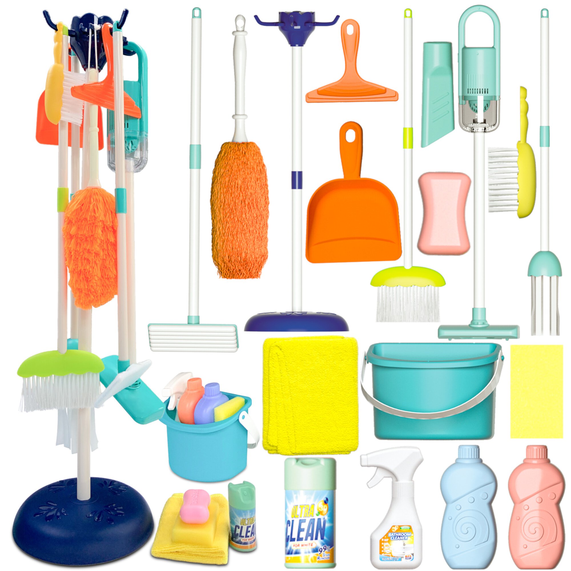 Kids Cleaning Set - Toy Cleaning Set Includes Broom, Mop, Brush, Dust Pan, Duster, Sponge, Clothes, Spray, Bucket, - Toy Kitchen Toddler Cleaning Set Topfox