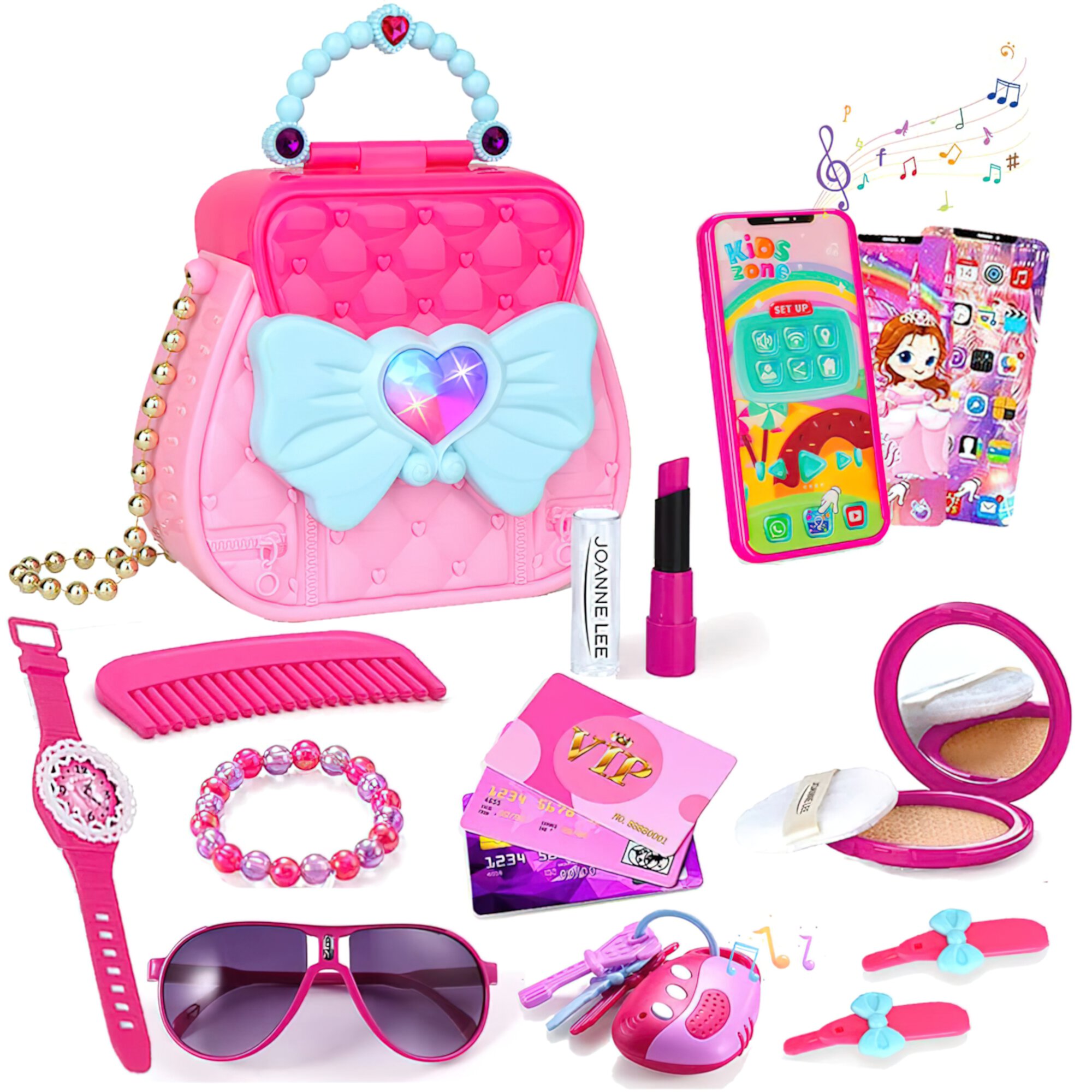 HopeRock Pretend Play Makeup Toy Set for Girls - Stylish Handbag with Makeup Accessories, Phone, Watches, Glasses - Perfect Toy Gift for Little Girls Age 3-8(17 Pcs) HopeRock