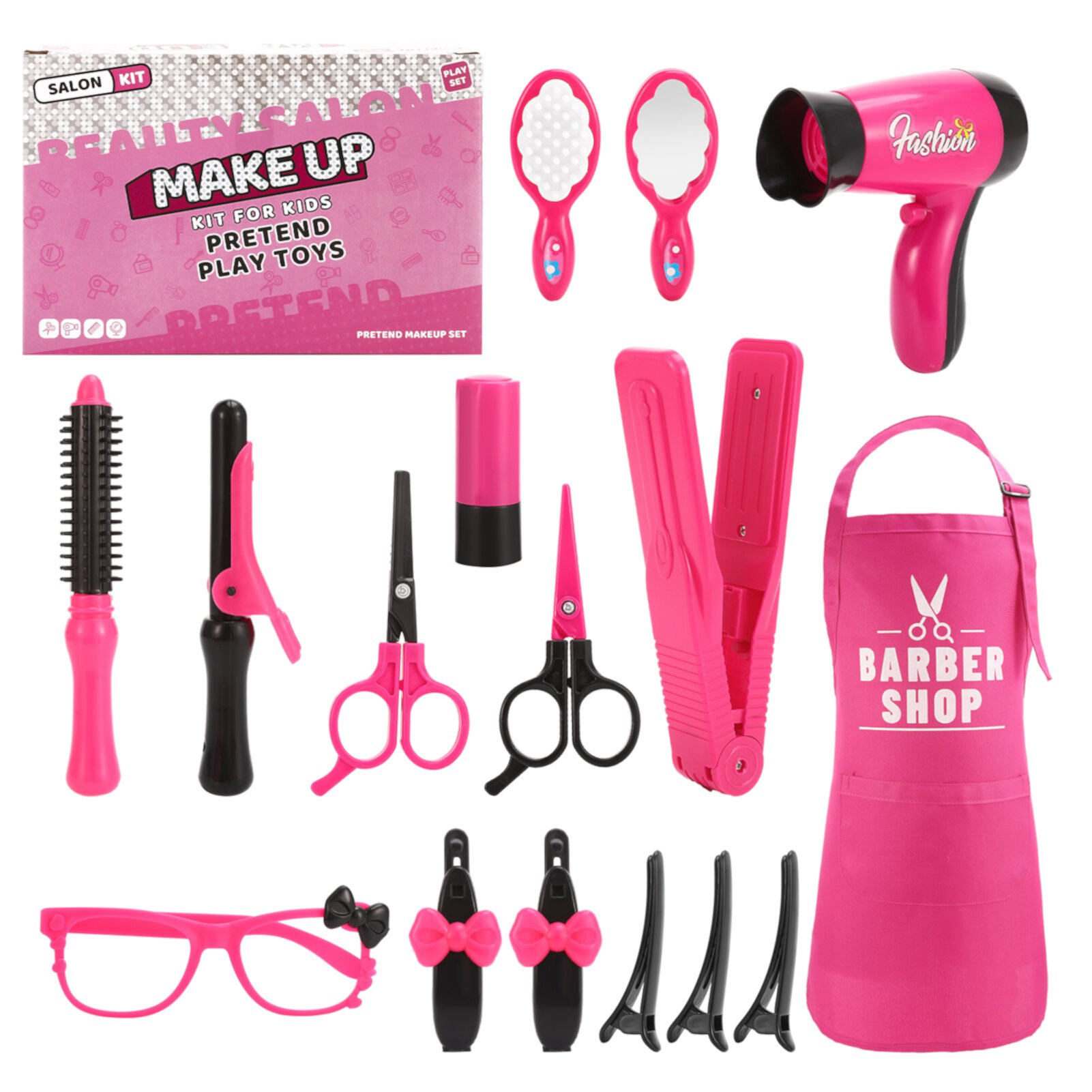 sixwipe Makeup Girls Beauty Salon Set, 17 Pcs Kids, Pretend Play Hair Styling Set with Blow Dryer, Barber Apron, Scissors and Stylist Accessories, Kids Hair Salon Playset Toys for 3-9 Year Old(Pink) Sixwipe