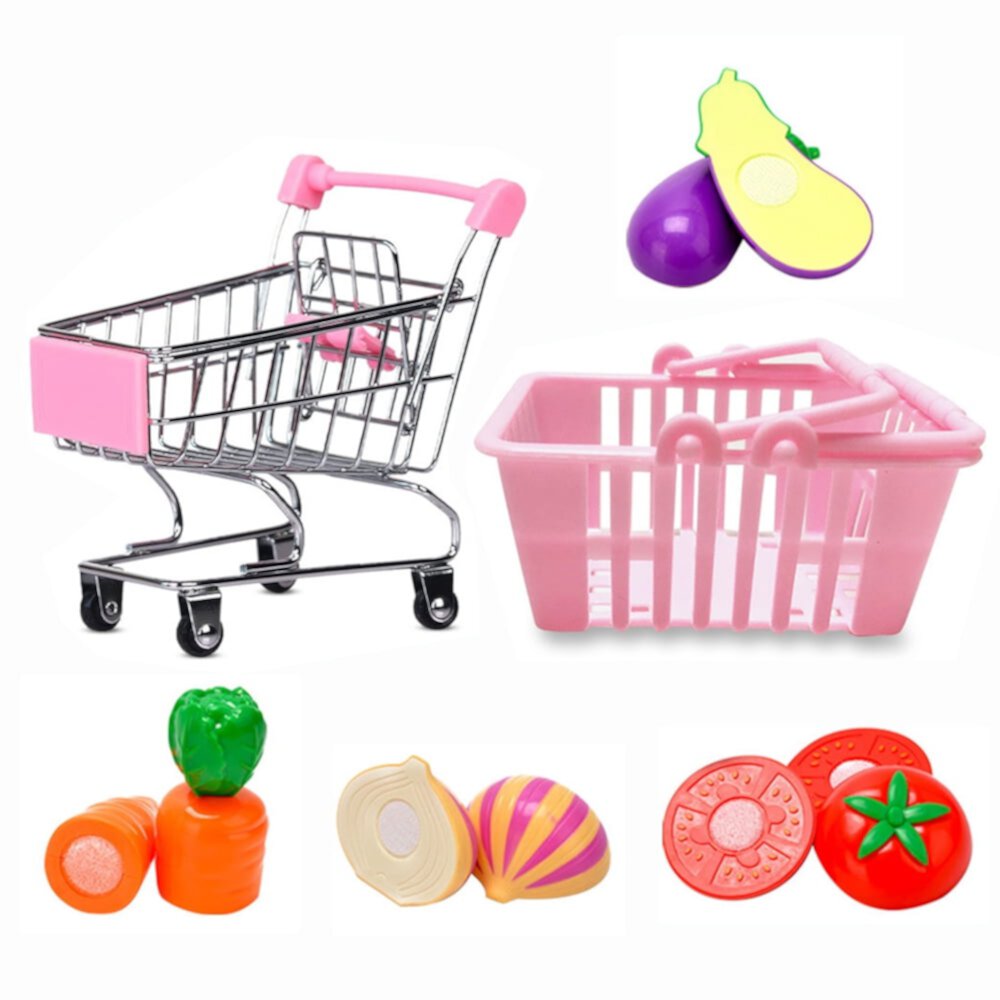 Dsseng Mini Shopping Basket Cart Play Pretend Food & Grocery Shopping Basket Toy Set - Includes 4 Pieces of Fake Plastic Fruit & Vegetables, Folds for Easy Storage Dsseng