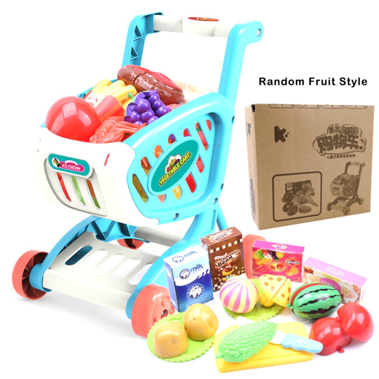 TureClos 1 Set Shopping Cart Toy Children's Simulation Supermarket Large Shopping Cart Toy Trolley Cut Fruits Vegetables Boys Girls TureClos