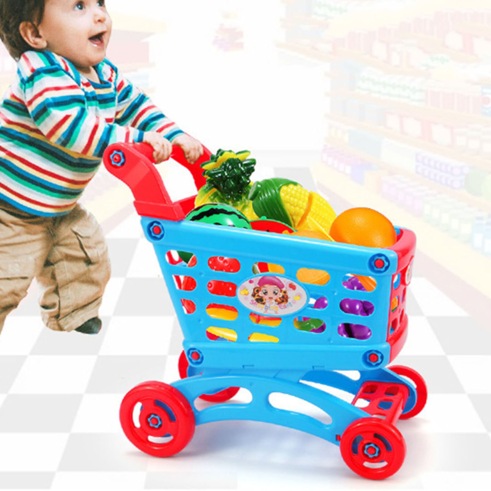 Mairbeon Flexible Wheel Shopping Cart Toy Detachable Colorful Shopping Cart Trolley Toy for Education Mairbeon