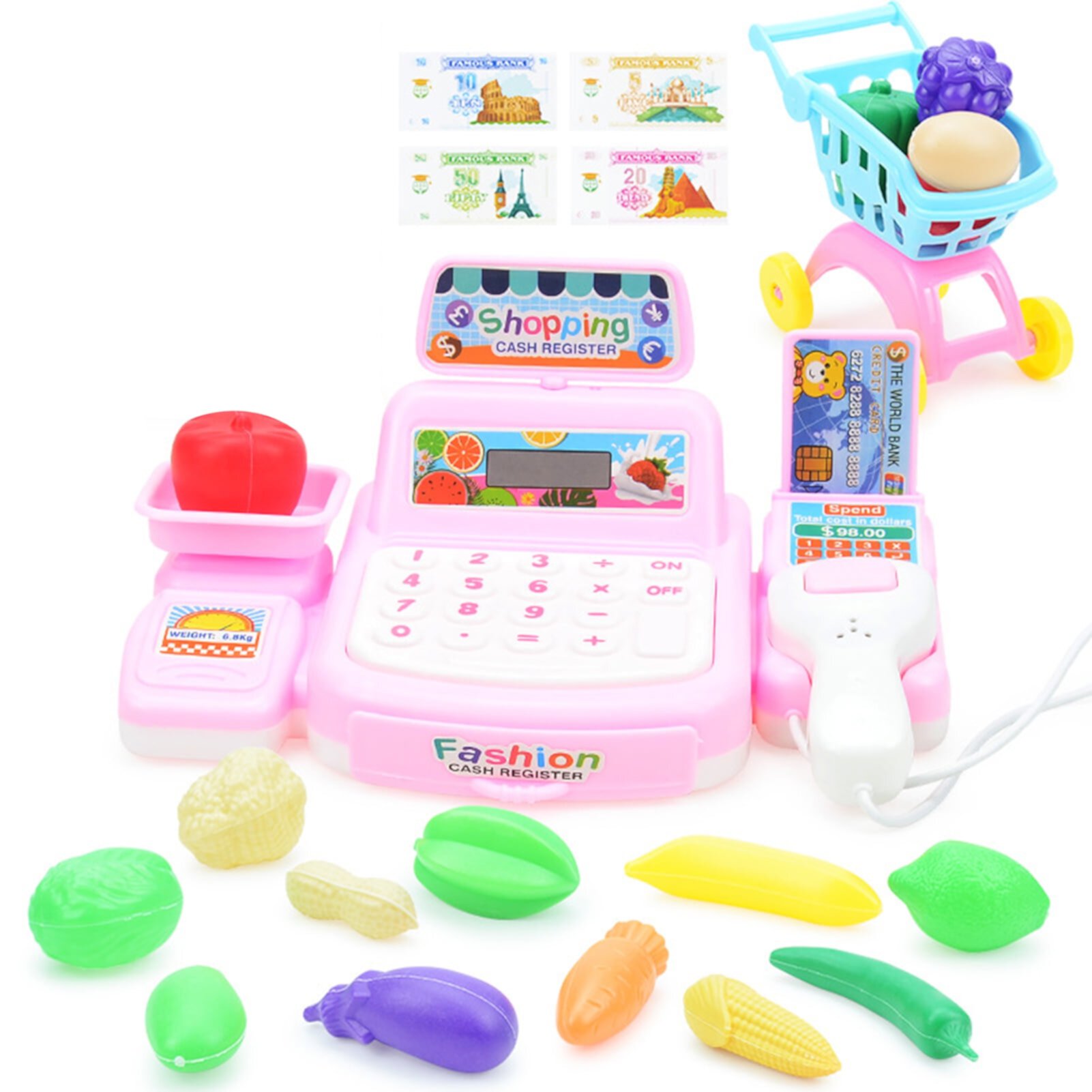 Temacd 27Pcs/Set Cash Register Toys Fruit And Vegetable Puzzle Enlightenment 360-degree Fillet Grinding Fun Scene Experience Simulated Scanner Role Play Cash Register Toys for Kids,Sets Temacd