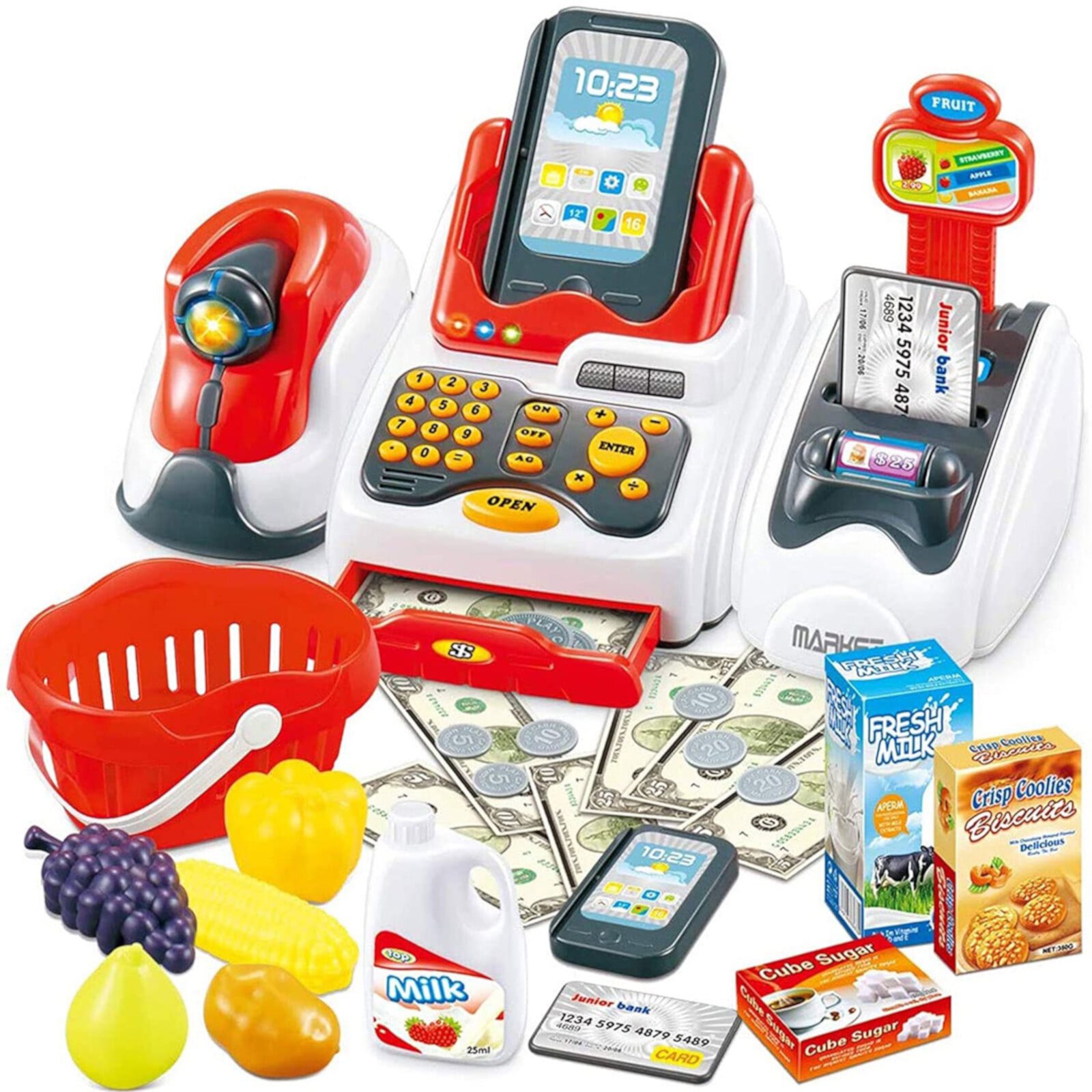 Cash Register for Kids Toys - Grocery Store Pretend Play for Girls Boys Toy Cashier Registers with Scanner and Sound, Credit Card Reader, Money - Checkout Game for Kid Age 3 4 5 6 Years Old Panoegsn