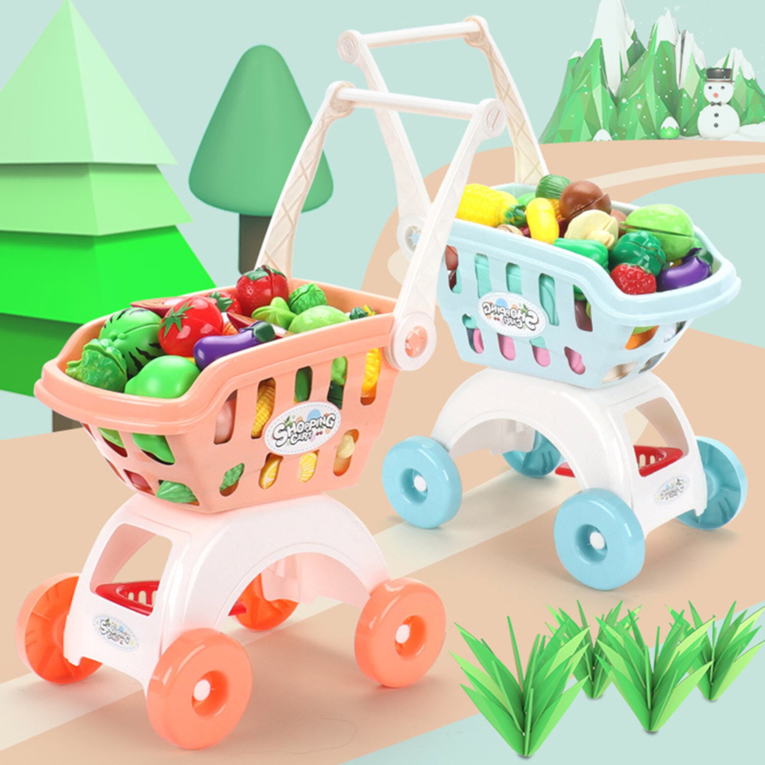 19" Big 2-Layer Kids Toy Shopping Cart W/Sliceable Vegetable Kits Toys for Girls 3-6 Years Boys, Pretend Play Shopping Grocery Wagon Play Set Gifts to Toddlers Easter Basket Stuffer, 20Pcs Warm Orange NimJoy