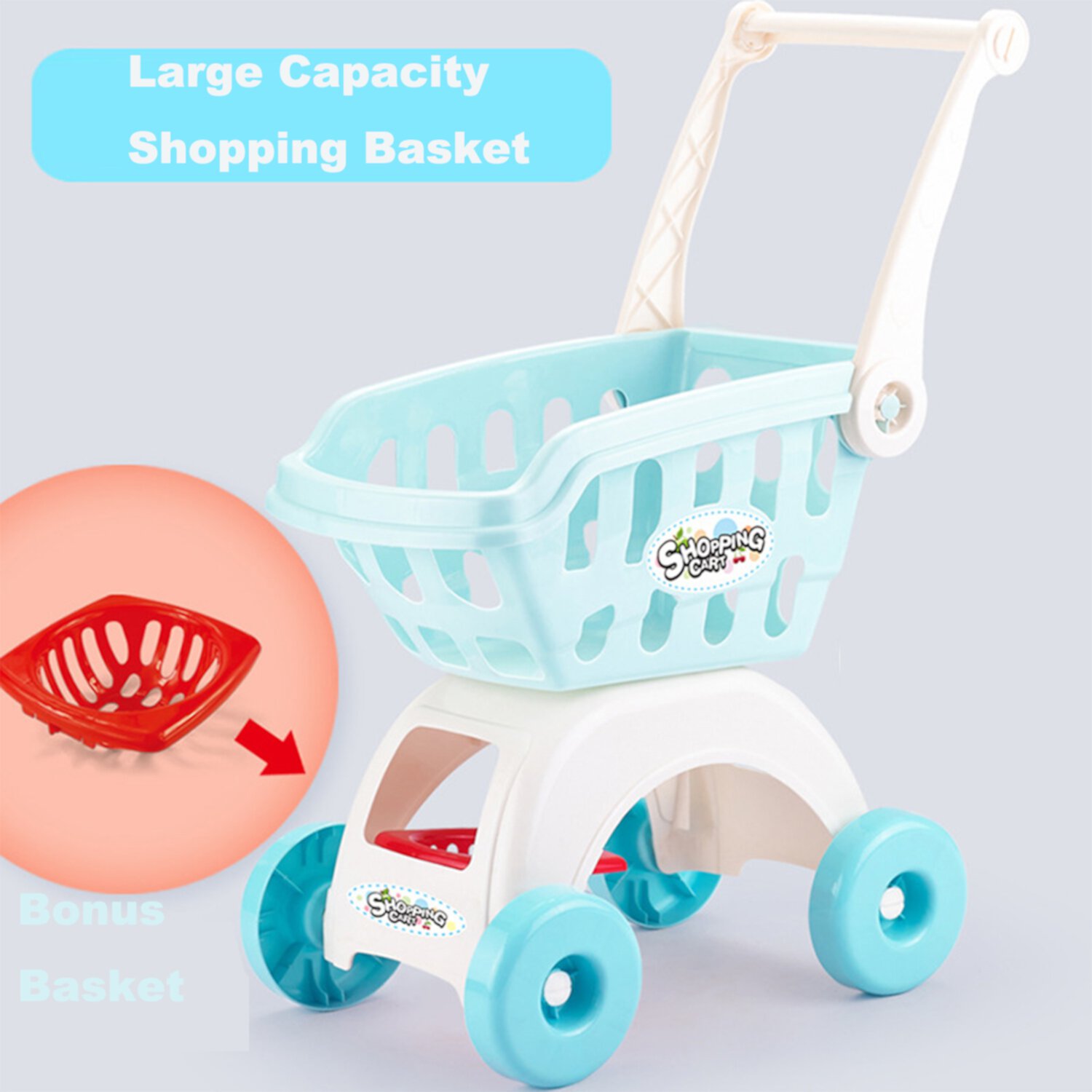 Toddlers Blue Big 2-Layer Toy Shopping Cart W/Multicolor BBQ Grill Playset for Kids Girls Boys 3Y+ NimJoy