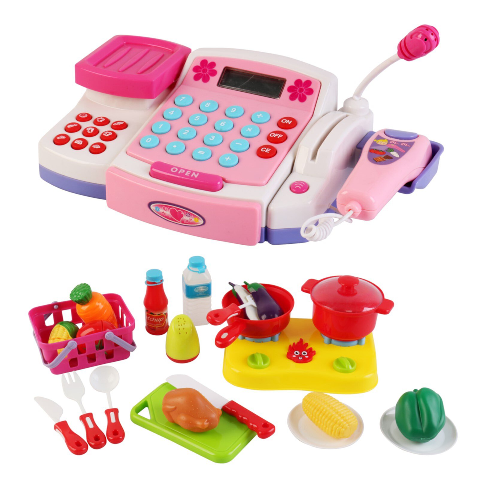 Vokodo Toy Cash Register With Microphone Calculator Grocery Items Shopping Basket Scanner And Pretend Play Money Kids Supermarket Cashier Bank Gift For Preschool Children Boys Girls Toddlers (Pink) Vokodo