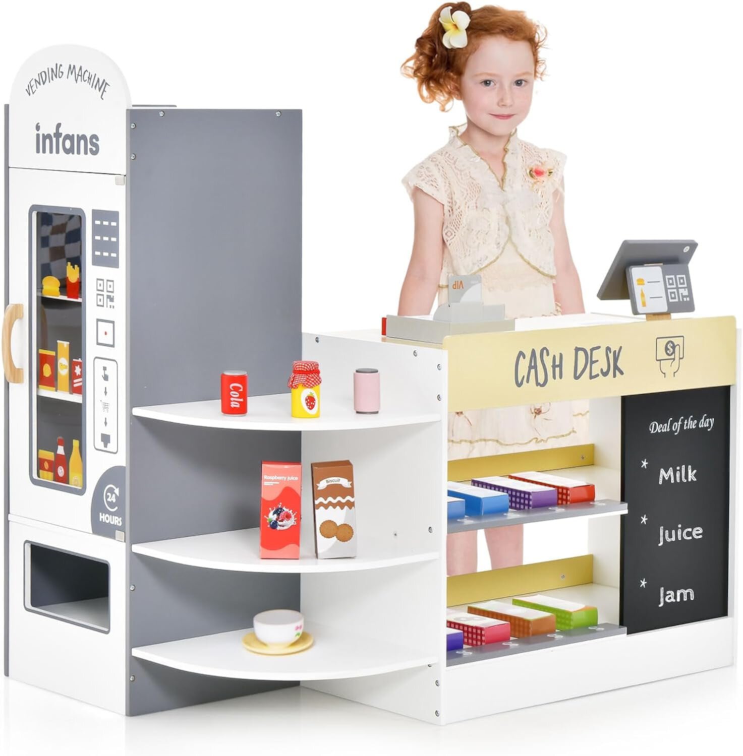 INFANS Kids Grocery Store Playset, Wooden Supermarket Toy Set with Cash Register, Vending Machine, Play Food Accessories, Blackboard, Pretend Play Store Gift for Toddler Boys Girls (Grey) INFANS