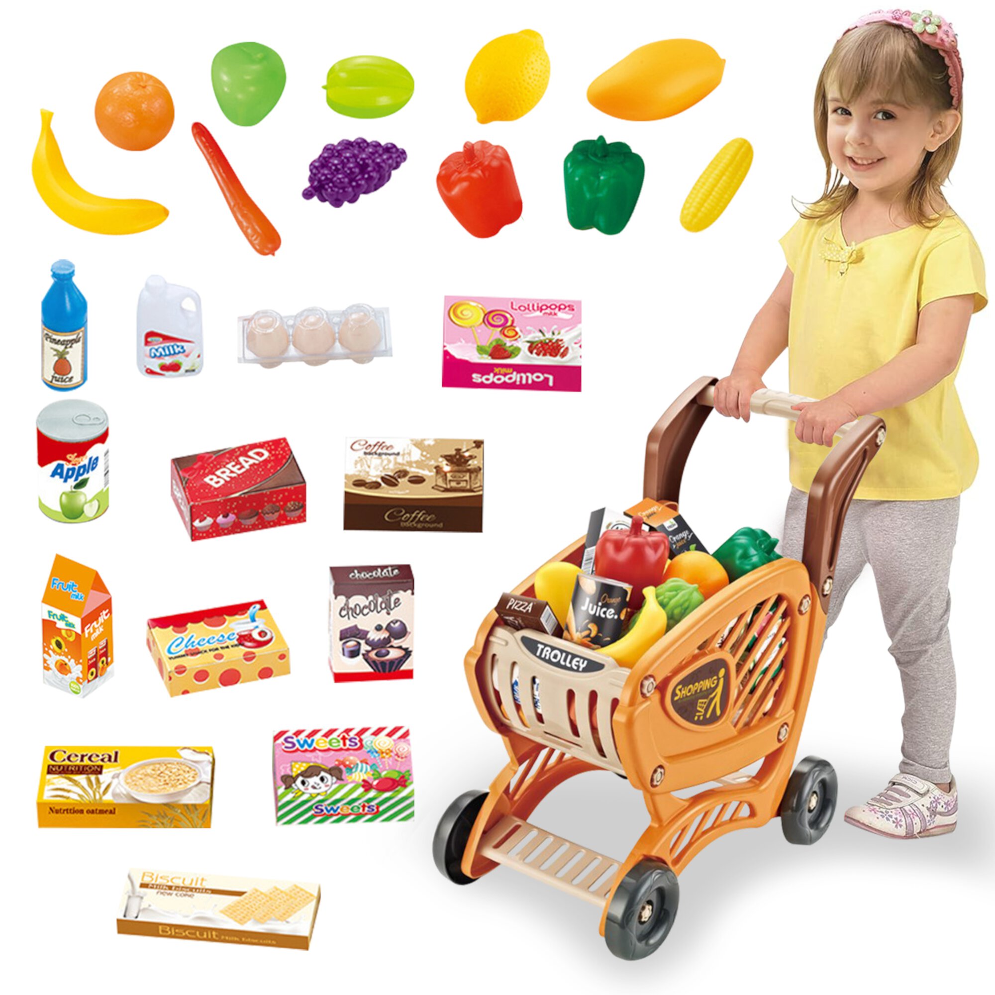 Style-Carry Kids Shopping Cart Trolley Play Set for Toddlers 3 4 5 6years old, Girls Pretend Toy with Food and Accessories, Birthday Gift for 4 5 6 7 Years Old Style-Carry