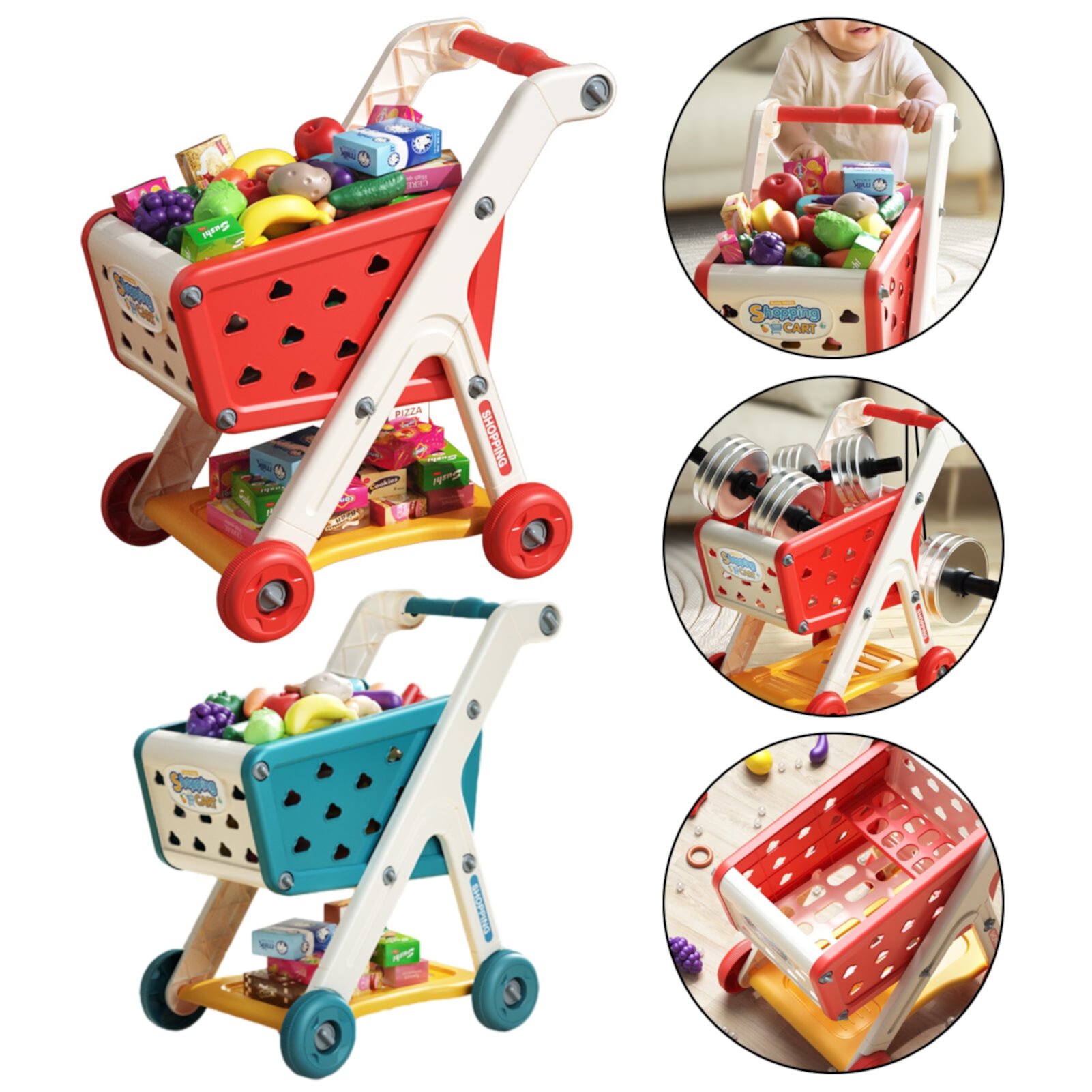 MIRROR Kids Shopping Cart Toy with 25 Fruit Vegetable Food Accessories Role-Playing Mini Shopping Trolley Pretend Play Grocery Shopping Cart Toy Boys Girls Gift Mirror