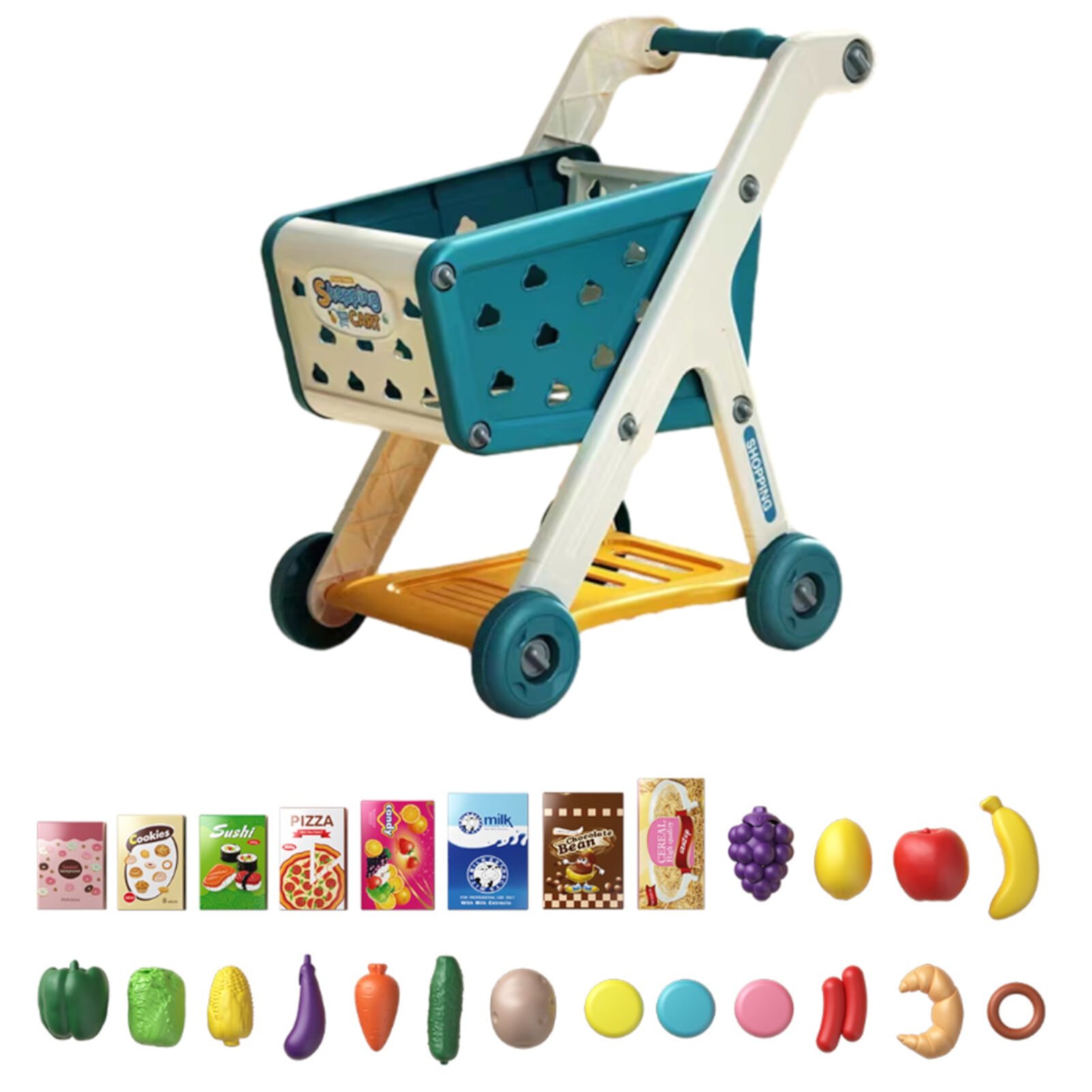 MIRROR Kids Shopping Cart Toy with 25 Fruit Vegetable Food Accessories Role-Playing Mini Shopping Trolley Pretend Play Grocery Shopping Cart Toy Boys Girls Gift Mirror