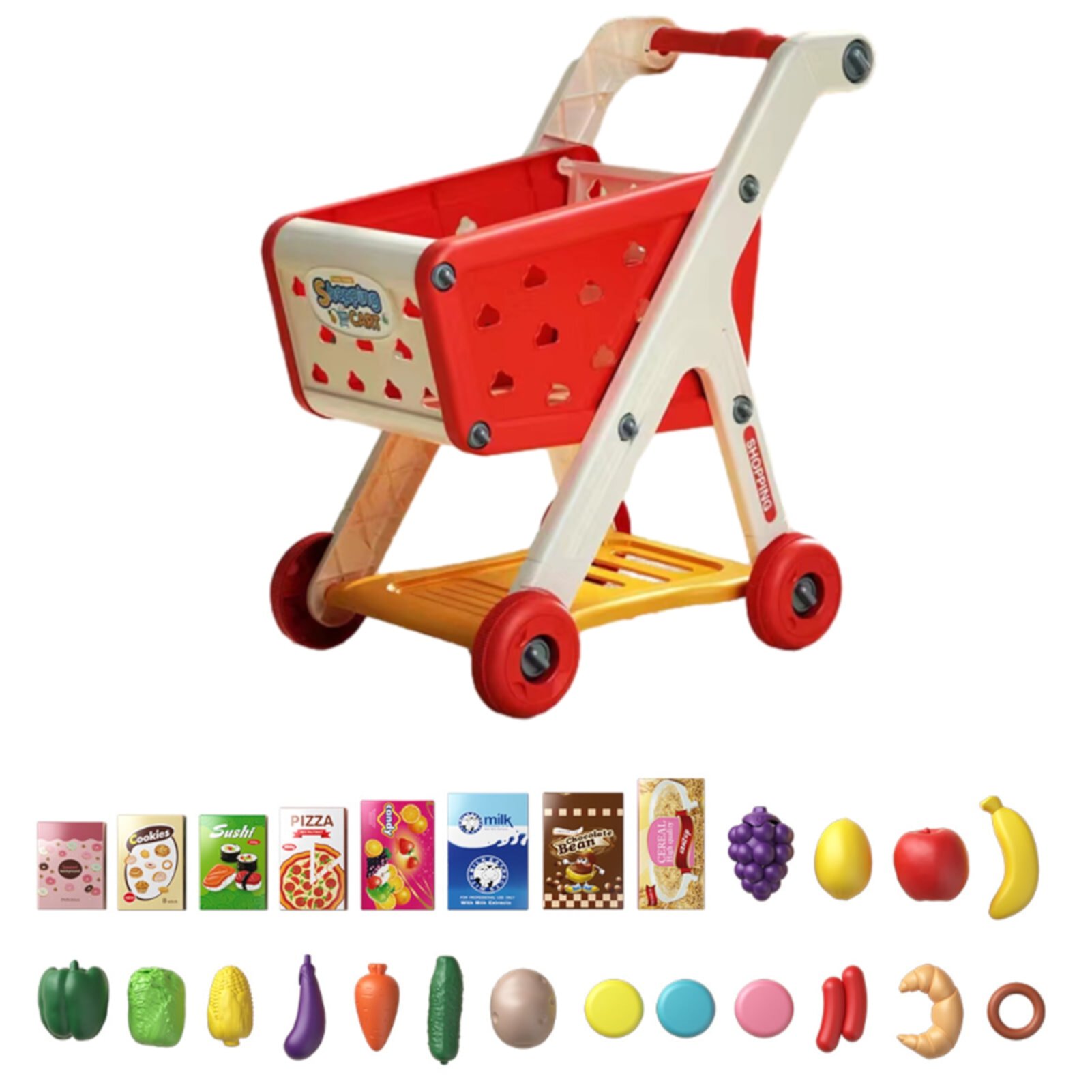 MIRROR Kids Shopping Cart Toy with 25 Fruit Vegetable Food Accessories Role-Playing Mini Shopping Trolley Pretend Play Grocery Shopping Cart Toy Boys Girls Gift Mirror