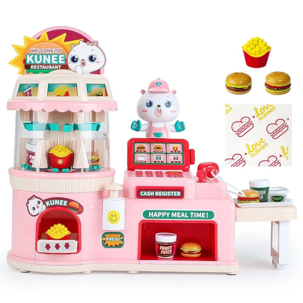 Richgv Cash Register Play Food Set for Kids, 40PCS Pretend Play Restaurant, Money, Play Food Hamburger, Cash Register Toys Play Store with Voice Broadcasting Function, Gift for Girls Boys Kids Ages 3+ Richgv