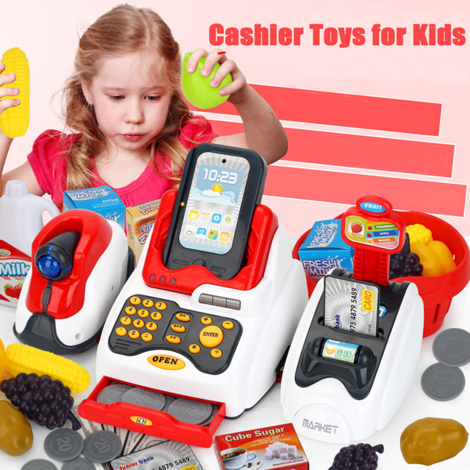 Fridja Cashier Toys for Kids, Toy Grocery Store with Checkout Scanner,Fruit Card Reader Fridja