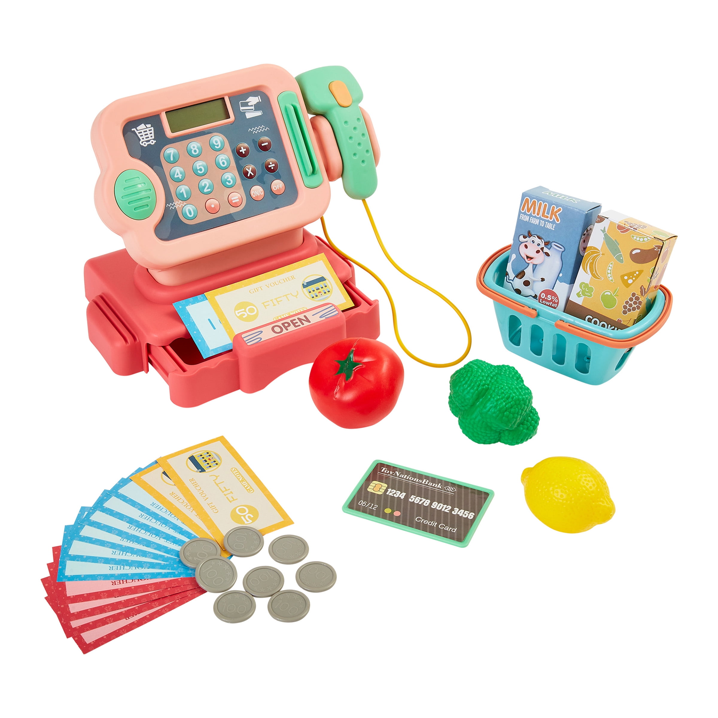 Cash Register for Kids – 30-Piece Set for Grocery Store Pretend Play with Shopping Basket, Toy Money, and Working Calculator by Hey Play (Pink) Hey! Play!