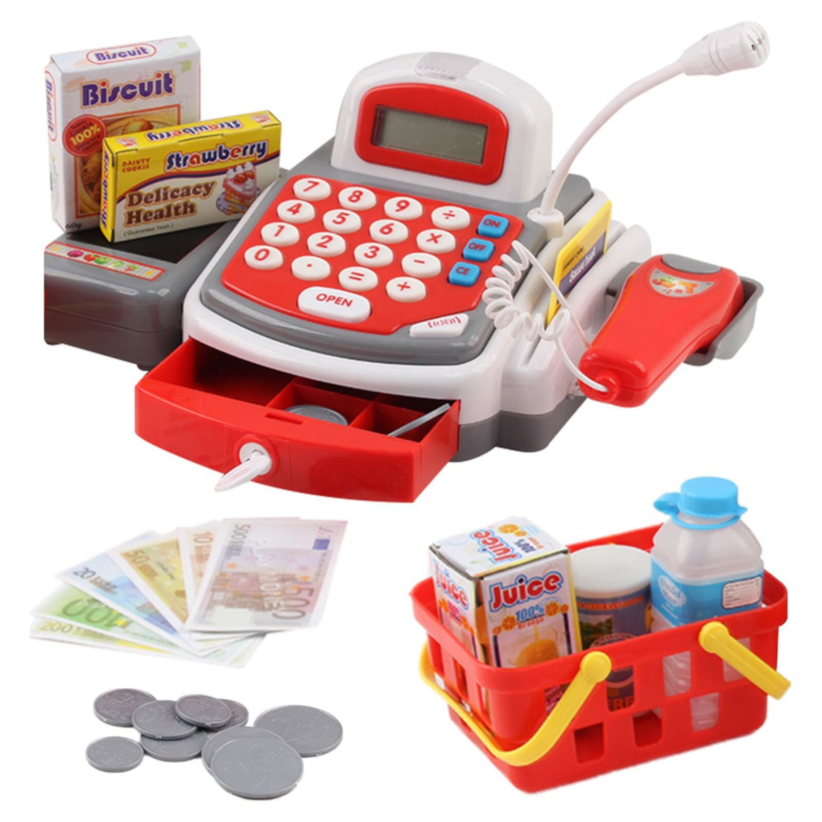 Vokodo Toy Cash Register With Microphone Calculator Grocery Items Shopping Basket Scanner And Pretend Play Money Kids Supermarket Cashier Bank Perfect Gift For Preschool Children Boys Girls Toddlers Vokodo