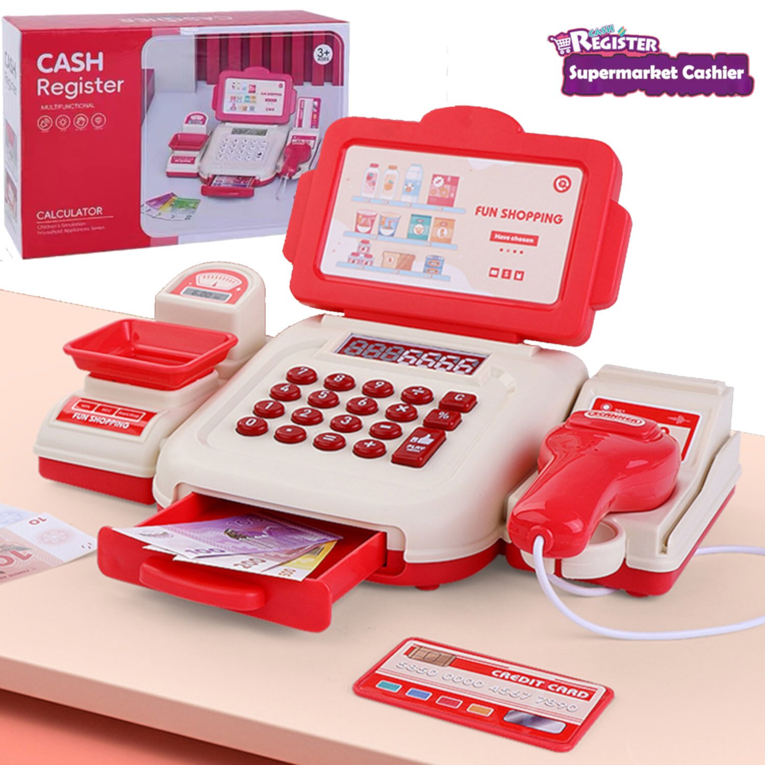 Toy Cash Register for Kids, Red Calculator Cashier Preschool Toy for 3 Year Old Boy and Girl Toys Gifts NimJoy