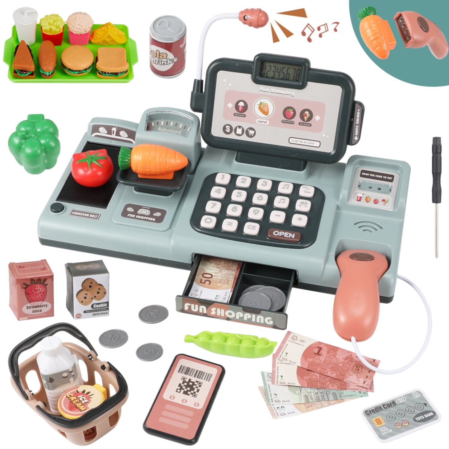 Petbank Pretend Play Calculator Cash Register Toy, 35PCS Grocery Store Cash Register Playset, with Credit Cards Machine, Microphone, Scanner, Learning Toys for Age 3+, Pink Petbank