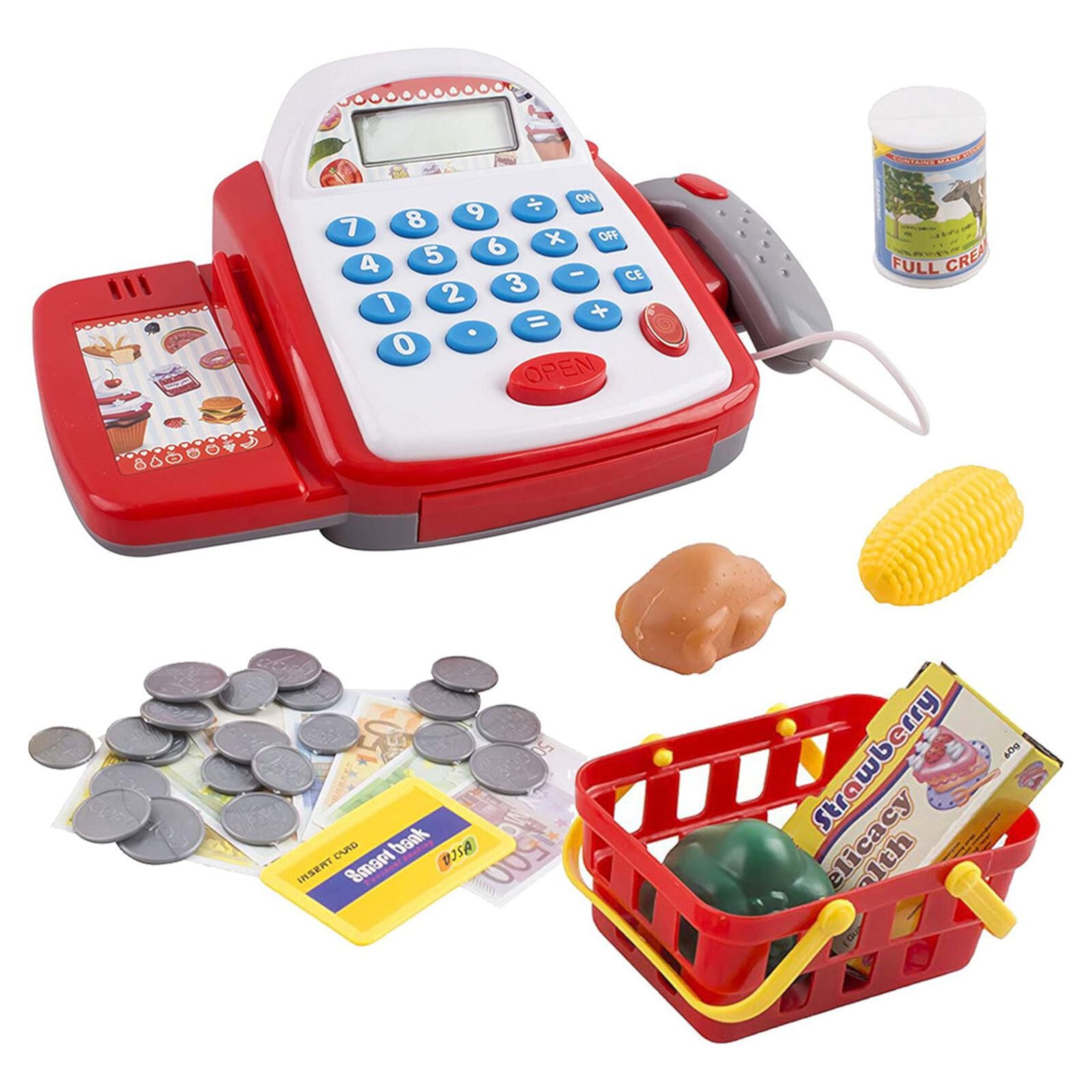 Vokodo Toy Cash Register With Functional Calculator Grocery Store Items Shopping Basket Scanner And Pretend Play Money Kids Supermarket Cashier Bank Great Gift For Preschool Children Boy Girl Toddlers Vokodo