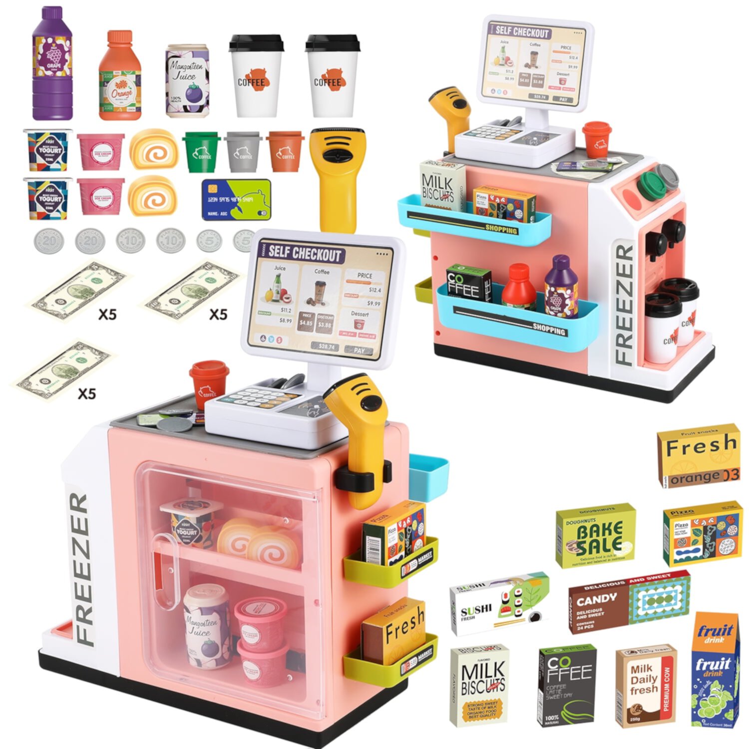 Anpro 47PCS Cash Register Playset for Kids, Pretend Play Cash Register with Water Outlet Function - Calculator, Scanners, Coffee Machine, Credit Cards, Food, Gifts for Boys Girls Age 3+, Pink Anpro