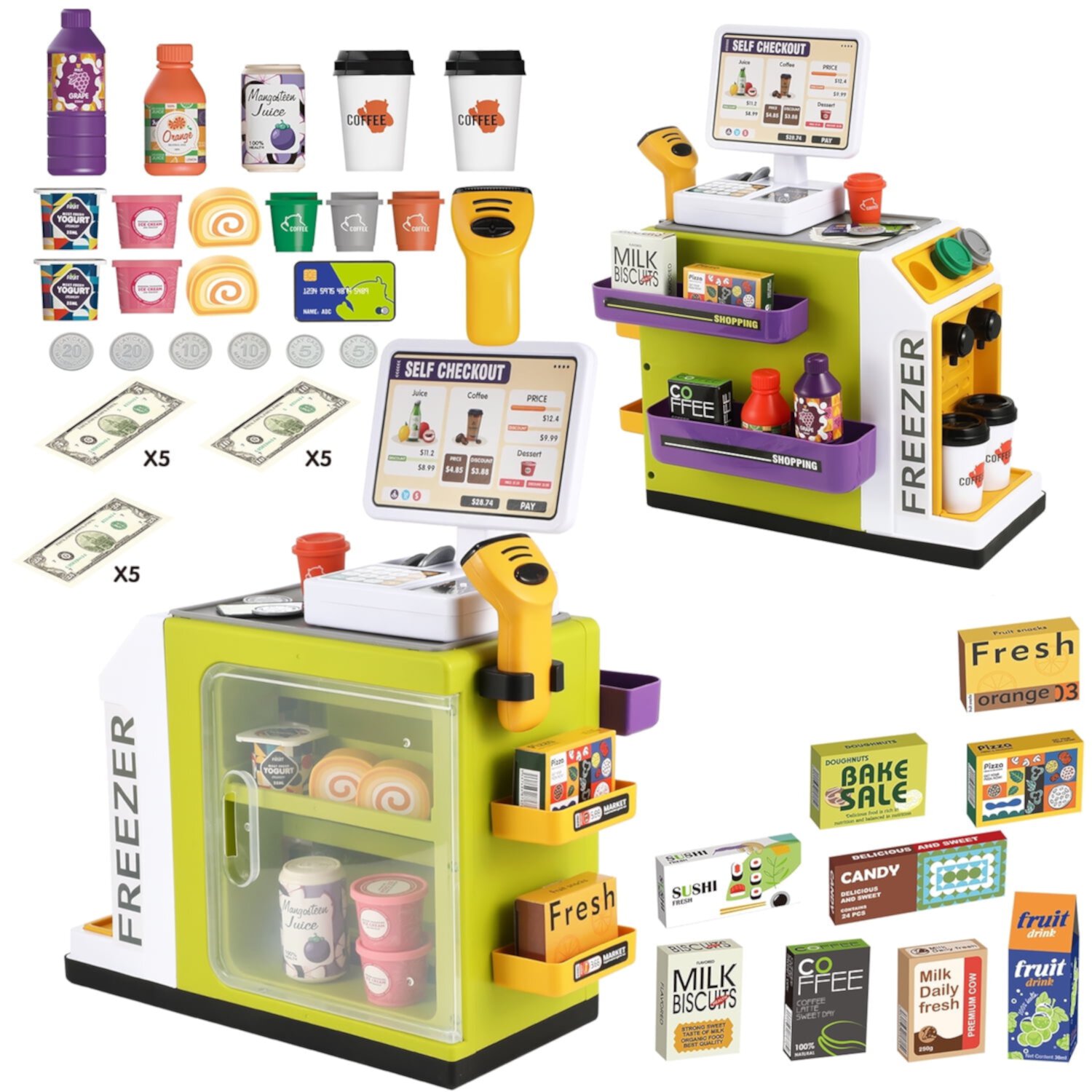 Lictin Cash Register Playset for Kids, 47 PCS Pretend Play Store Cashier Toys with Scanner, Play Food, Credit Card, Cash Register Toy Gift for Boys and Girls Ages 3+, Green Lictin