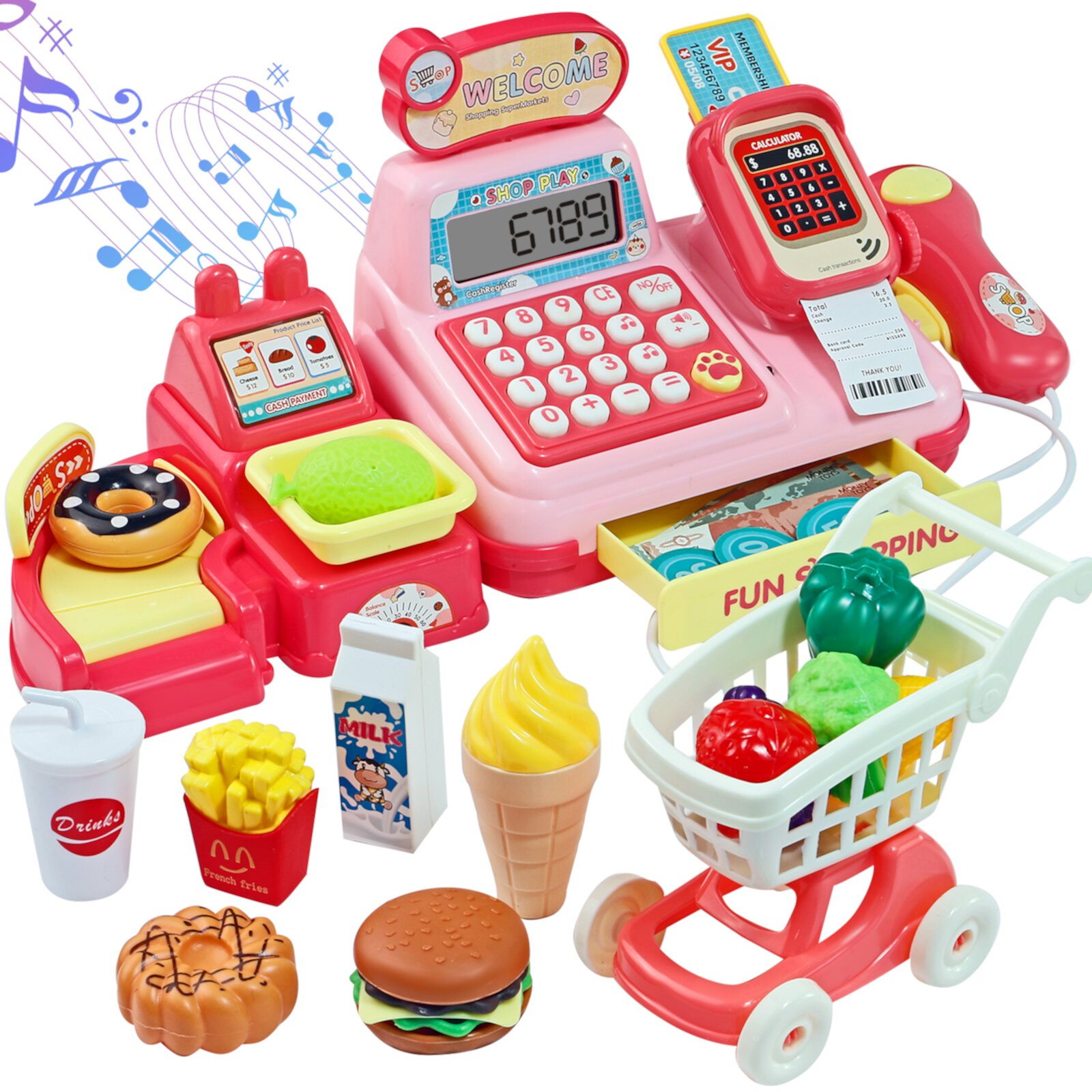 NETNEW Cash Register Toys for Girls 3-6 Years Pretend Play Store Electronic Toy,  Grocery Supermarket Playset Calculator Cash Register with Accessories NETNEW