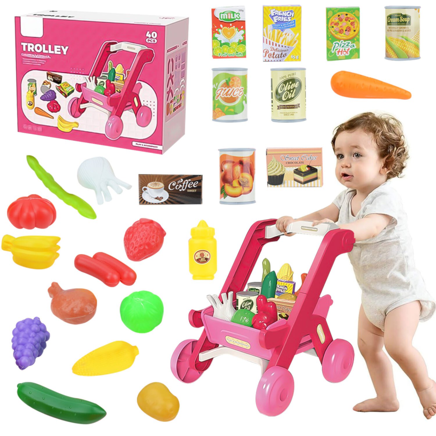 Shopping Cart for Kids, Toy Grocery Cart, Trolley Play Set with Pretend Food and Accessories, Birthday Toys for 3 4 5 6 7 8 Years Boys Girls Sytle-Carry