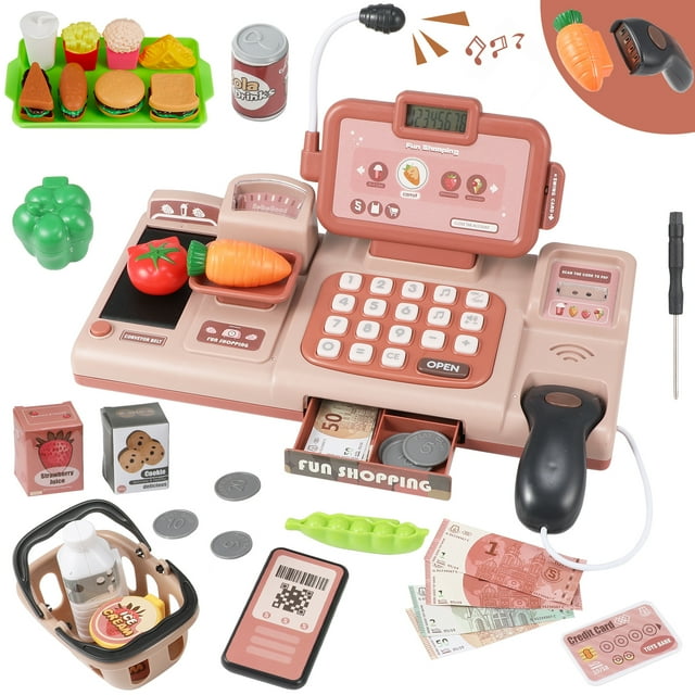 Zacro Kids Cash Register Toy, Pretend Play Cash Register with Scanner, Sound, Credit Card, Food, Recognition Mobile Payment Function, Grocery Store Game Toys, Pink Zacro