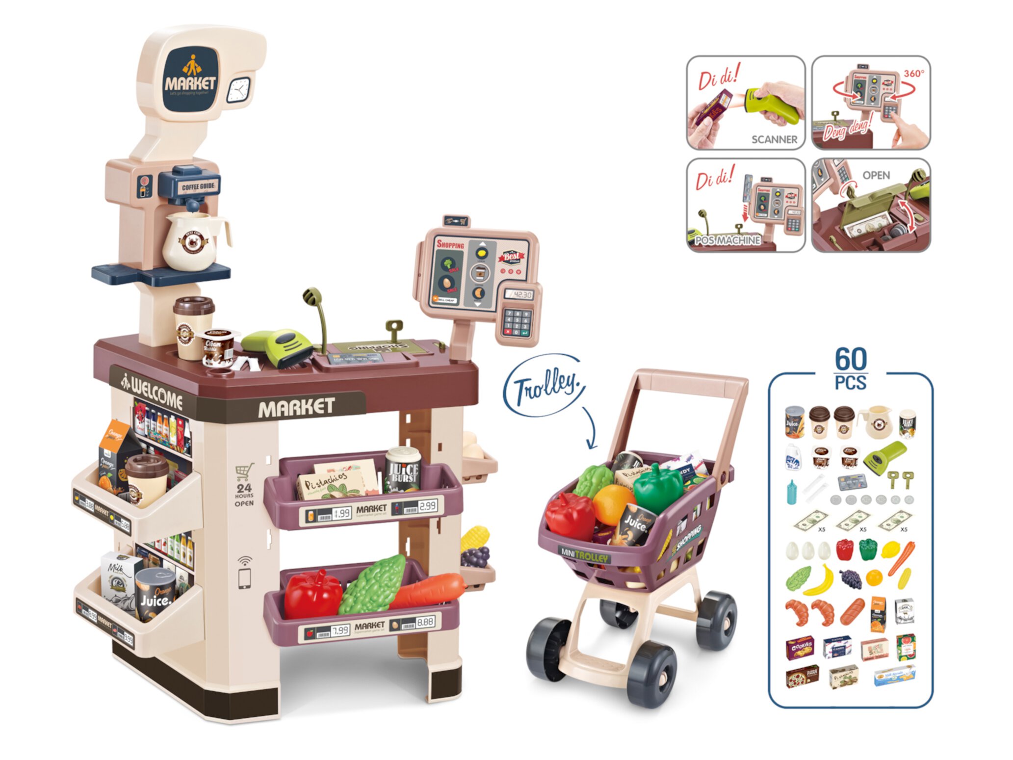 Supermarket Play Set Mundo Toys w/ Shopping Cart Coffee Shop 60 Pcs for Kids Toddler  for +3 Years Mundo Toys