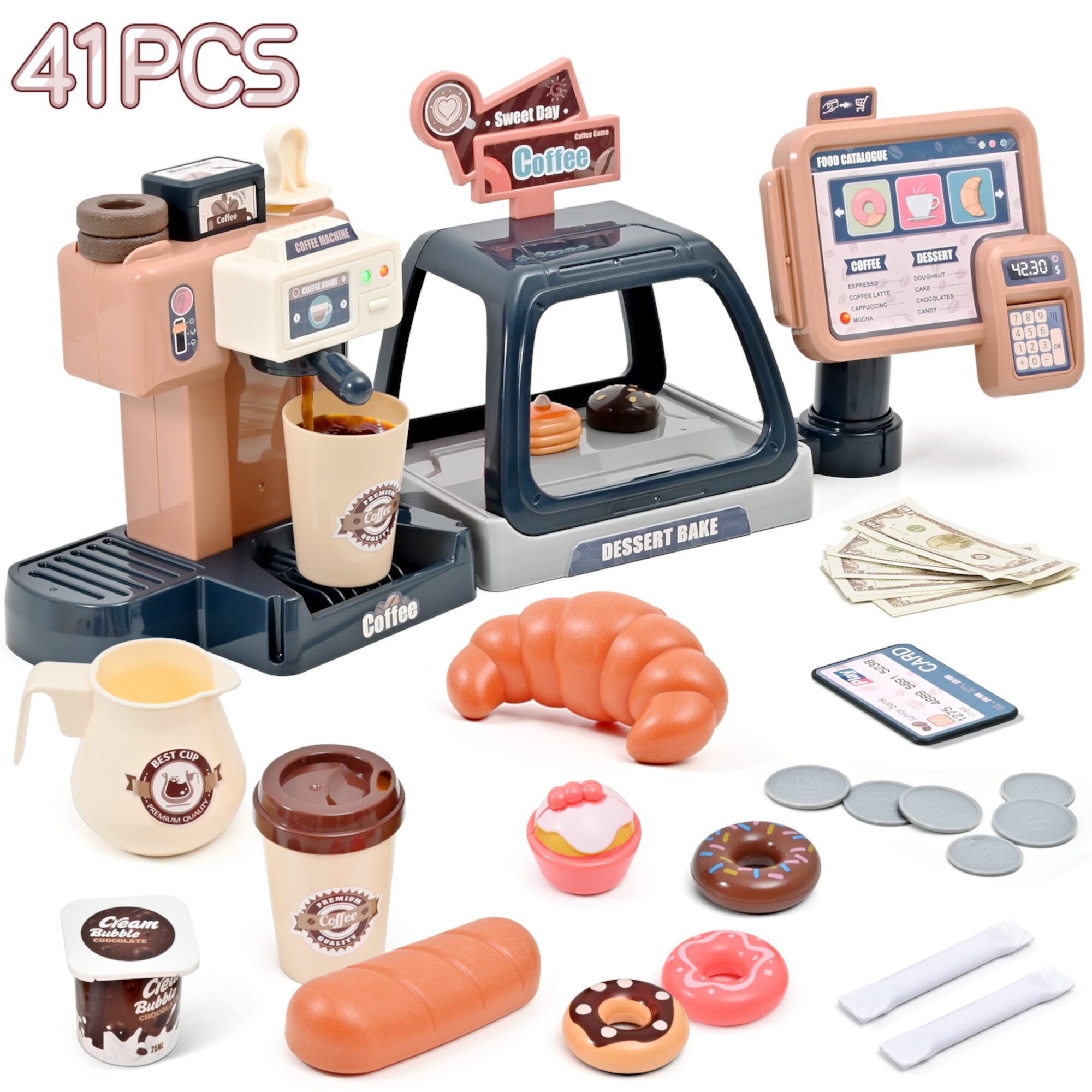 Pretend Play Toys - 41 PCS Kids Coffee Maker with Toy Cash Register, Create Sweet Treats and Brew Coffee in Style Play Set, Role Play Toy with Toy Food for Girls and Boys Topfox