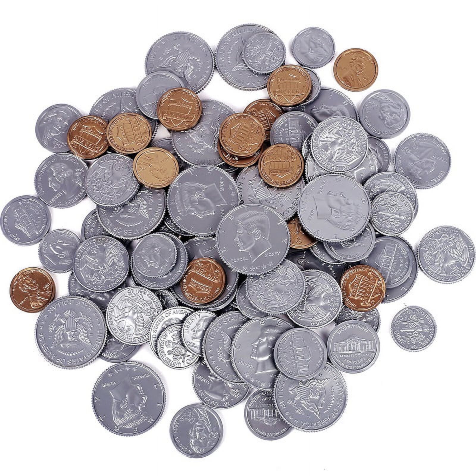 Fake Money Coin Assorted Set Detailed Fake Coins Play Money Set, Plastic Coins (Set of 100) RUVINCE