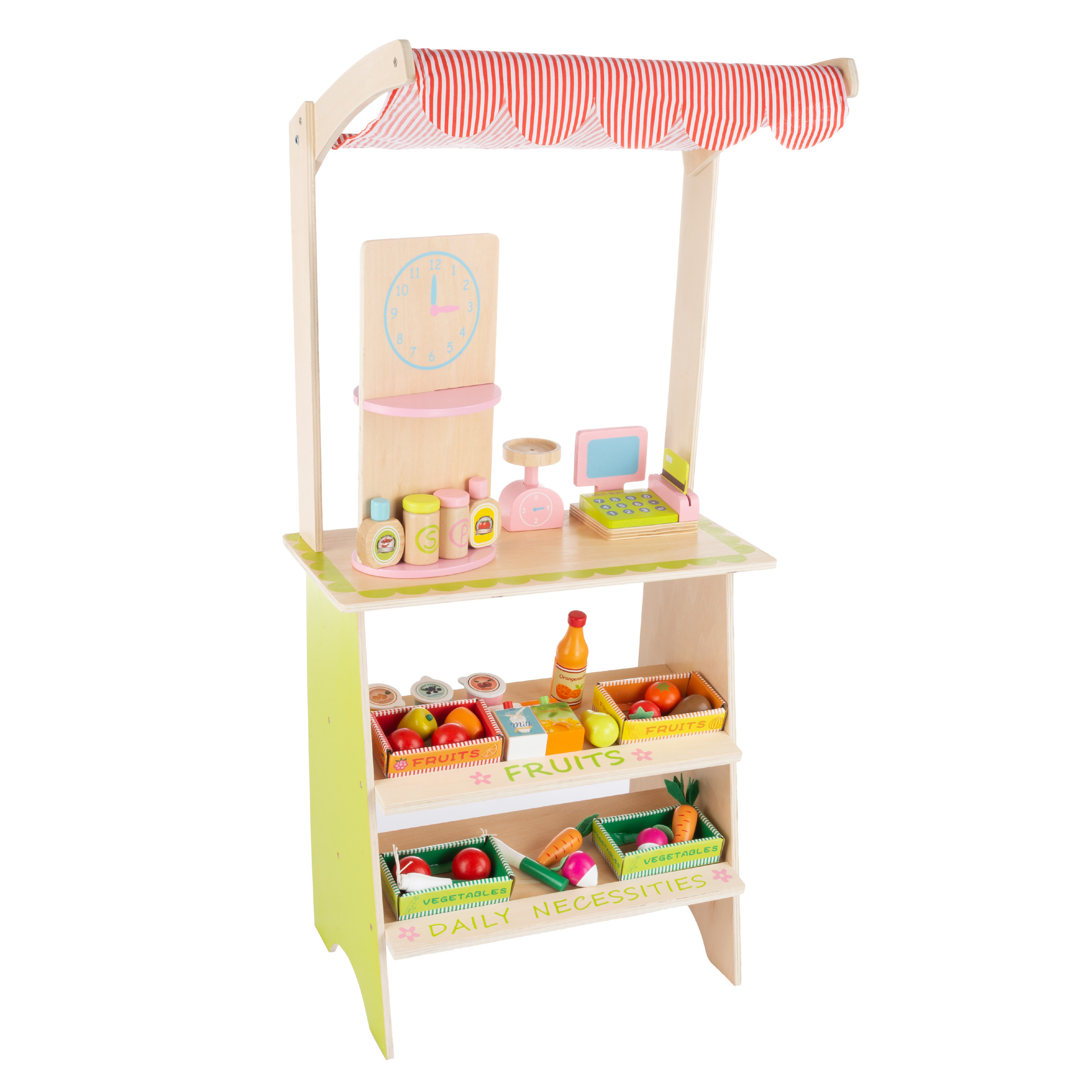 Kids Fresh Market Selling Stand? Wooden Grocery Store Playset with Toy Cash Register Pretend Credit Card and 31 Food Accessories by Hey! Play! Hey! Play!