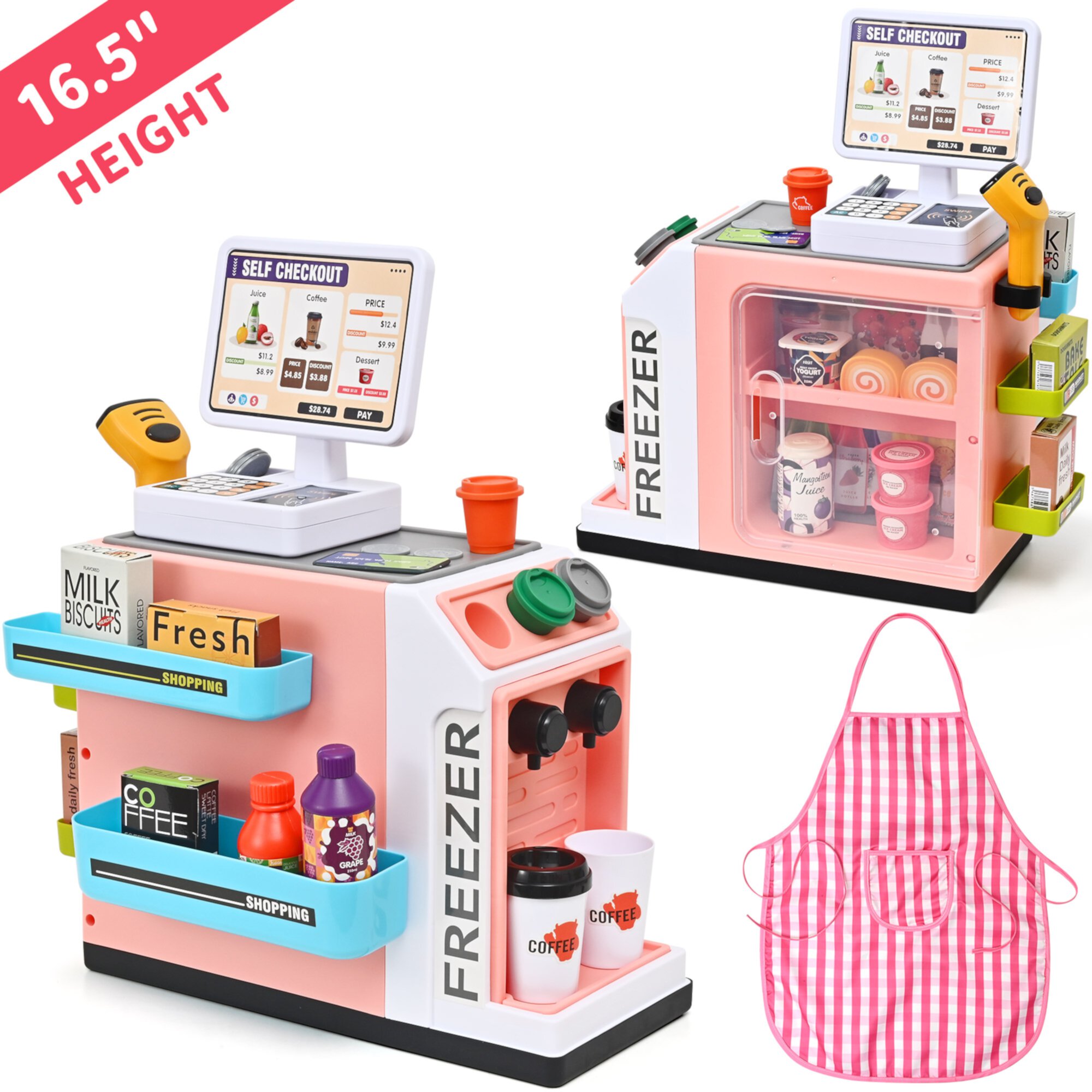 Cash Register for Kids - Play Store with Apron Fake Money, Pretend Play Toy Cash Register with Play Food, Coffee Maker, Scanner, Gift for Boys and Girls Ages 3-8 Topfox